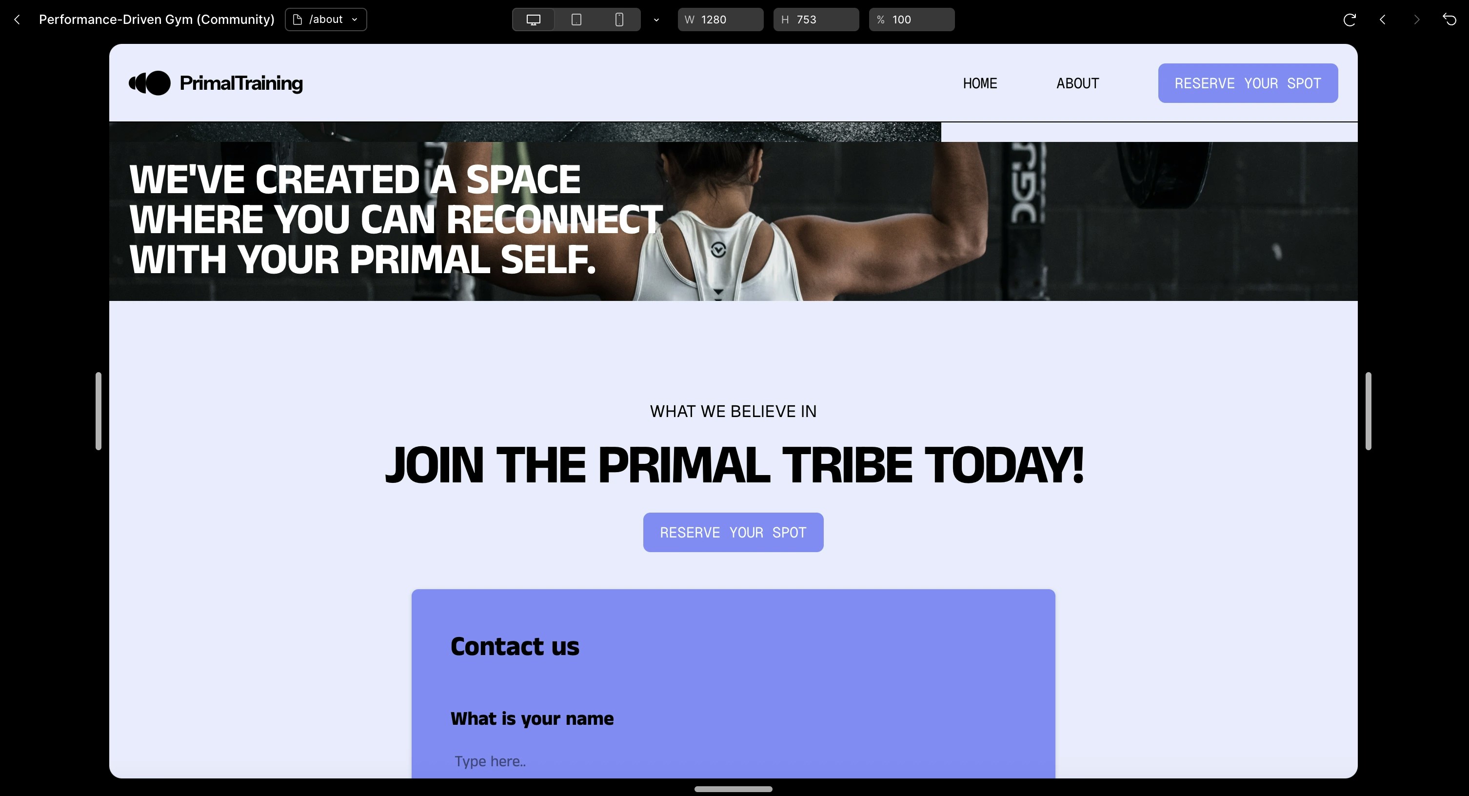Screenshot showing an example Figma Site in which we'll embed a Weavely AI contact form