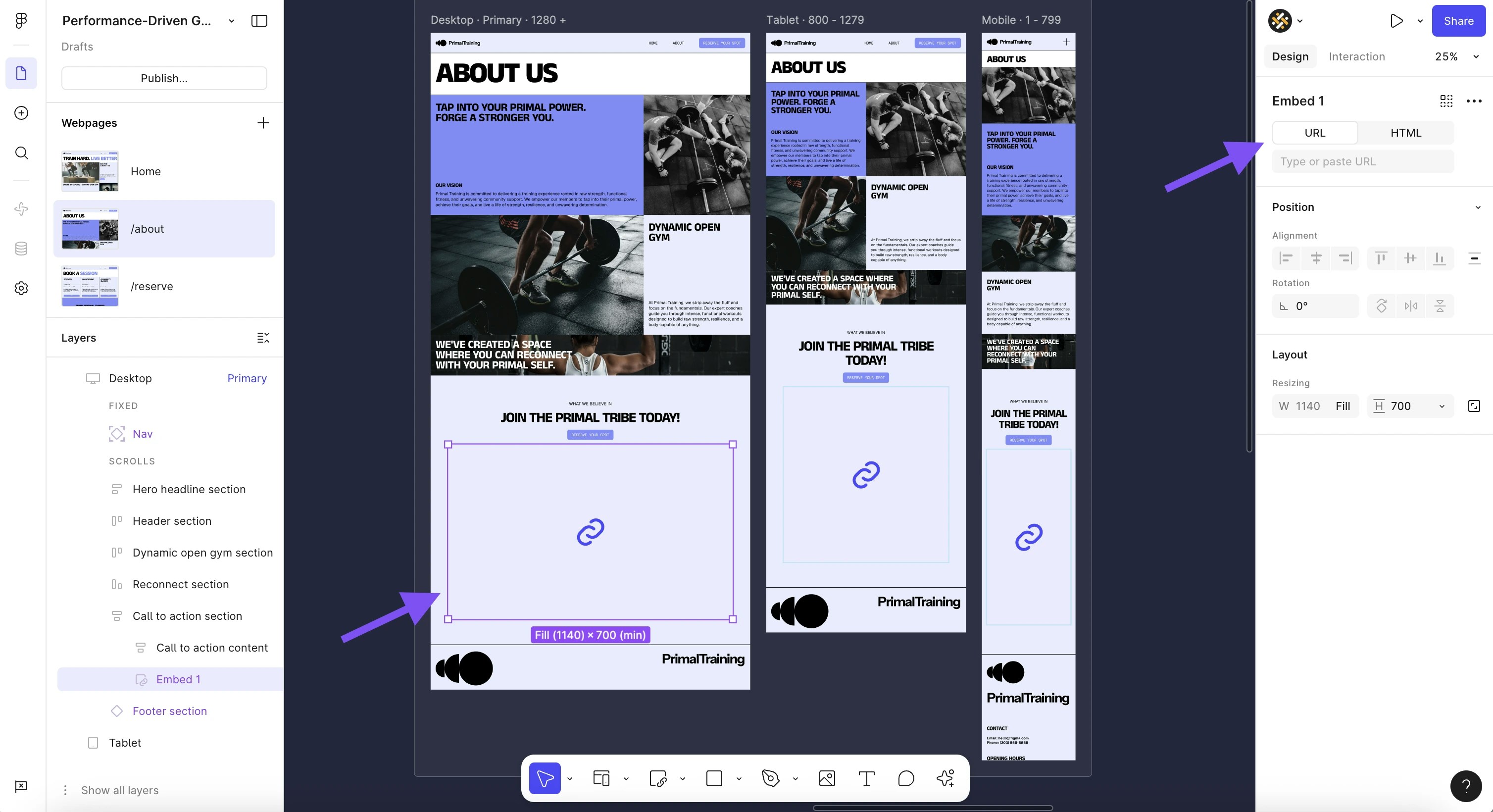 Screenshot showing how to set the embed source of an element in Figma Sites