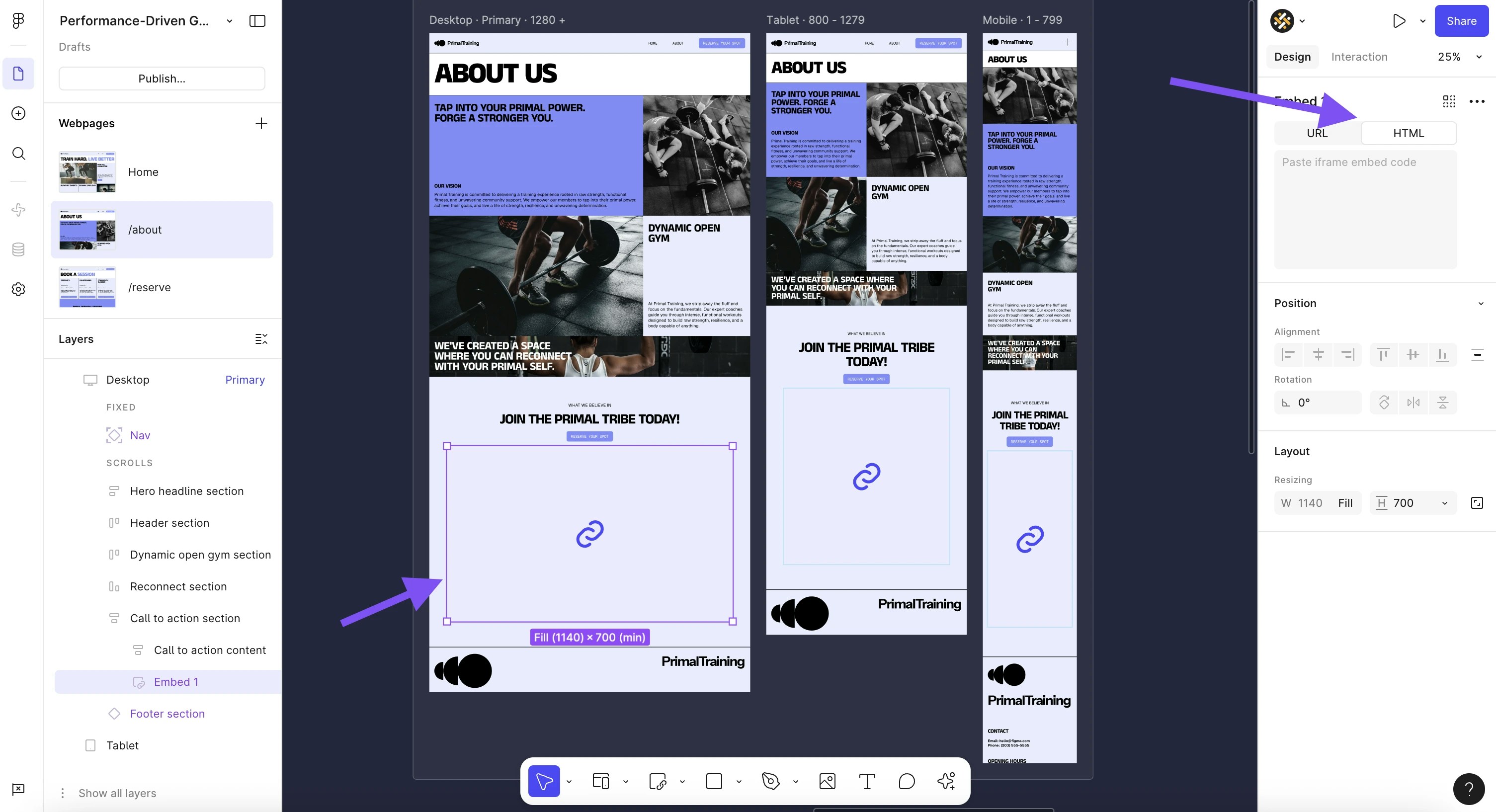 Screenshot showing how to set the embed code of an element in Figma Sites