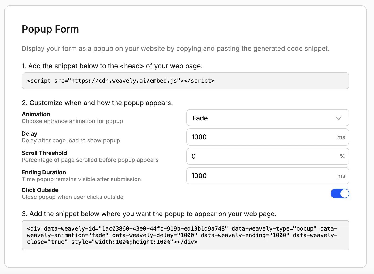 Screenshot showing the configuration of a popup form in Weavely AI