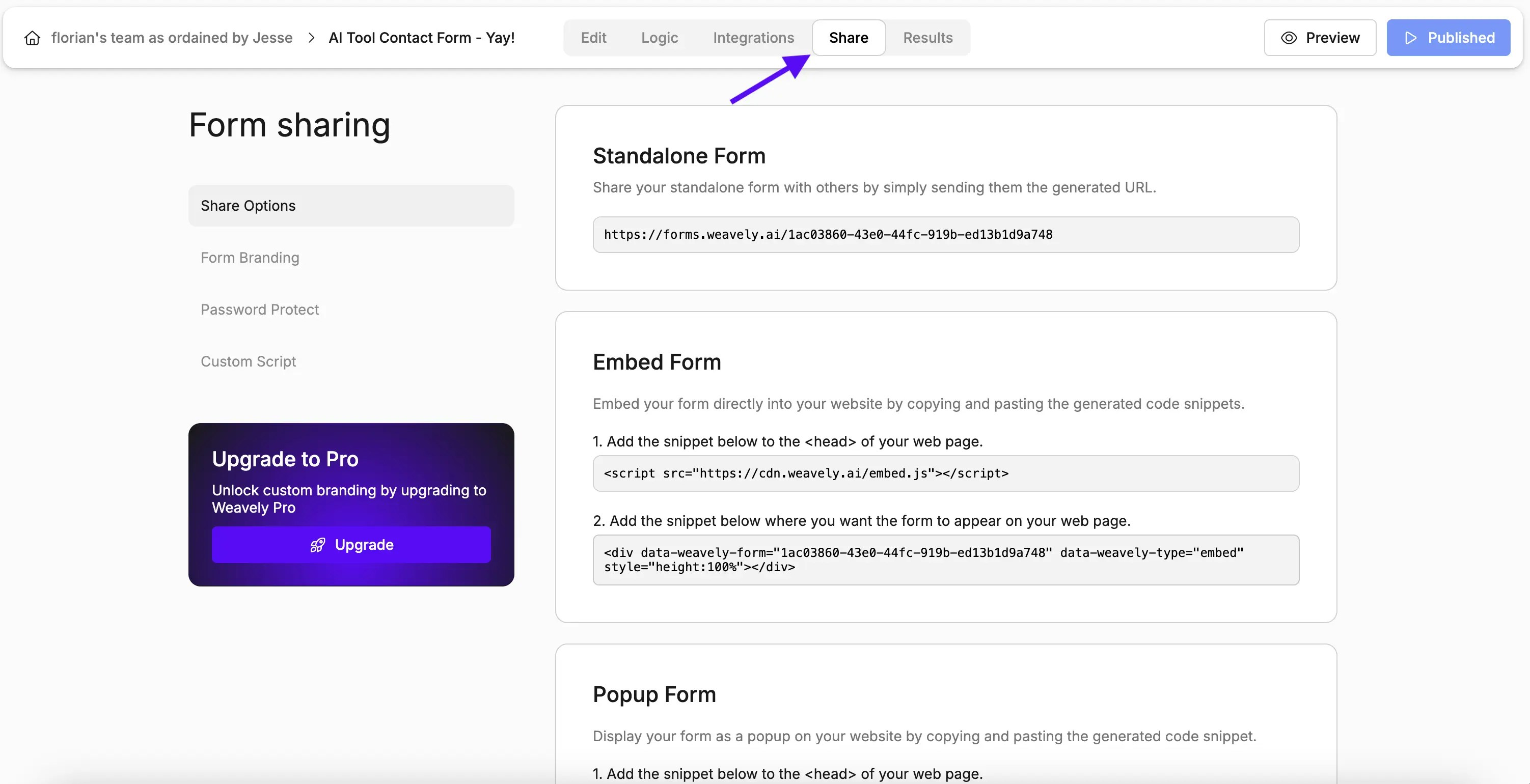 Screenshot showing where to find the embedding options in Weavely AI