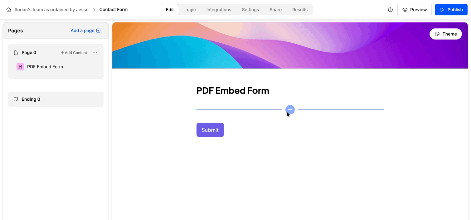 Animated screenshot showing how to embed a PDF into a Weavely AI form
