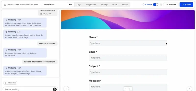 Animated screenshot showing how to publish a form using Weavely AI
