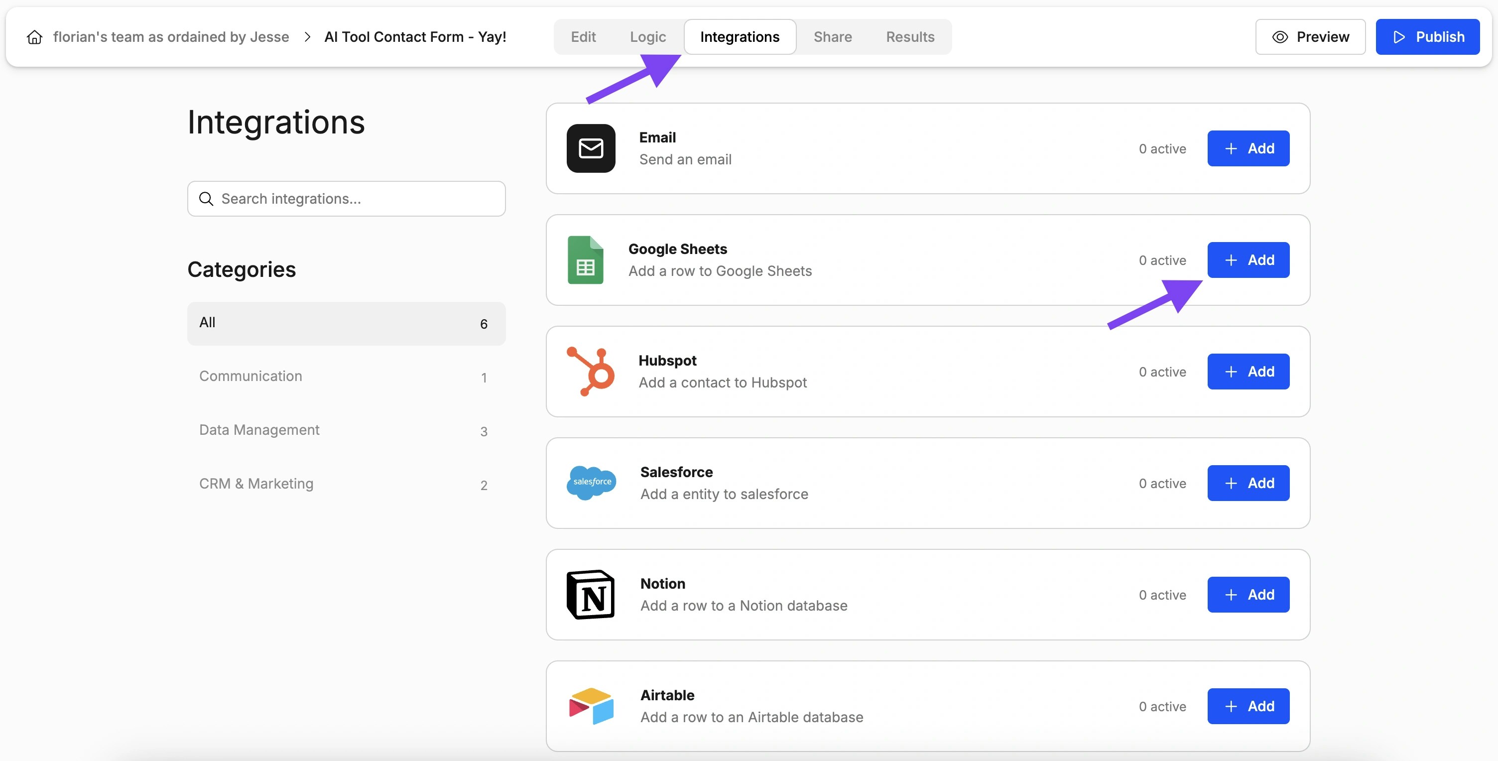 Screenshot showing where to find the Google Sheets integration in Weavely AI