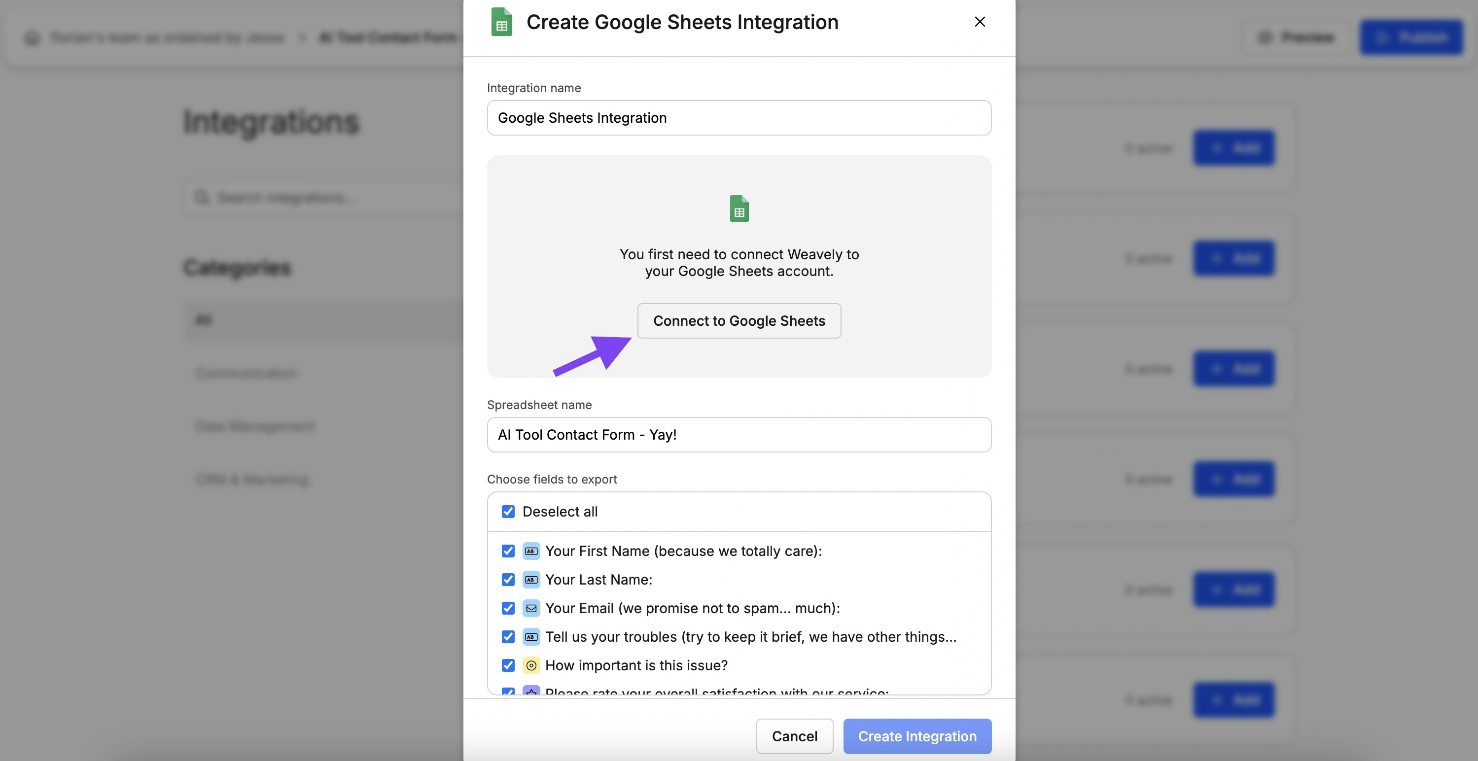 Screenshot showing how to configure the Google Sheets integration in Weavely AI