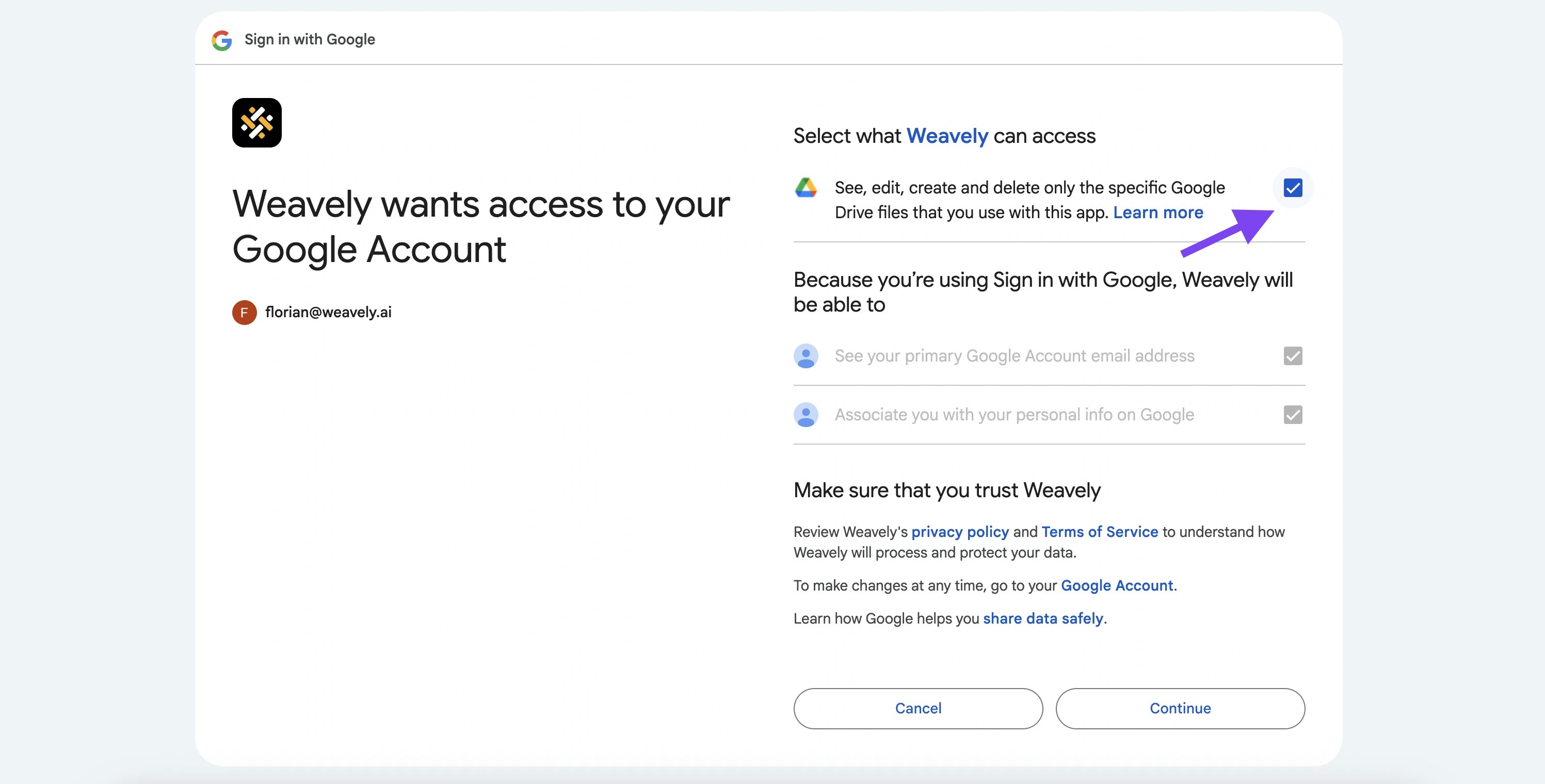 Screenshot showing the permissions asked for by Weavely AI in Google Sheets
