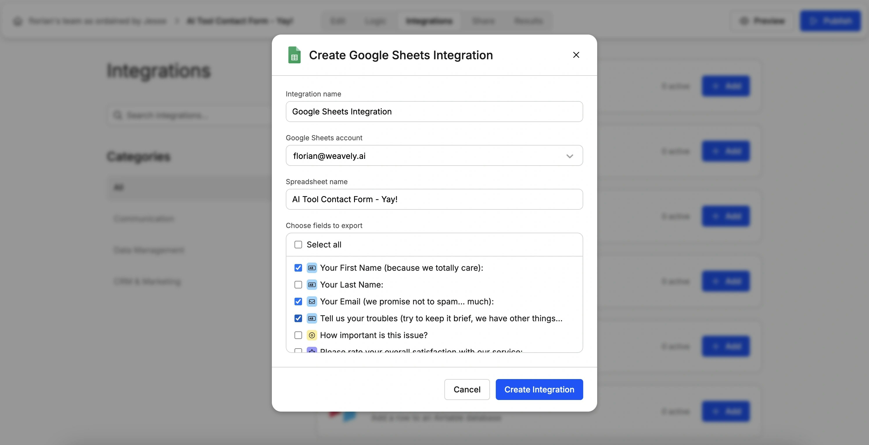 Screenshot showing how to map form fields to Google Sheets columns in Weavely AI