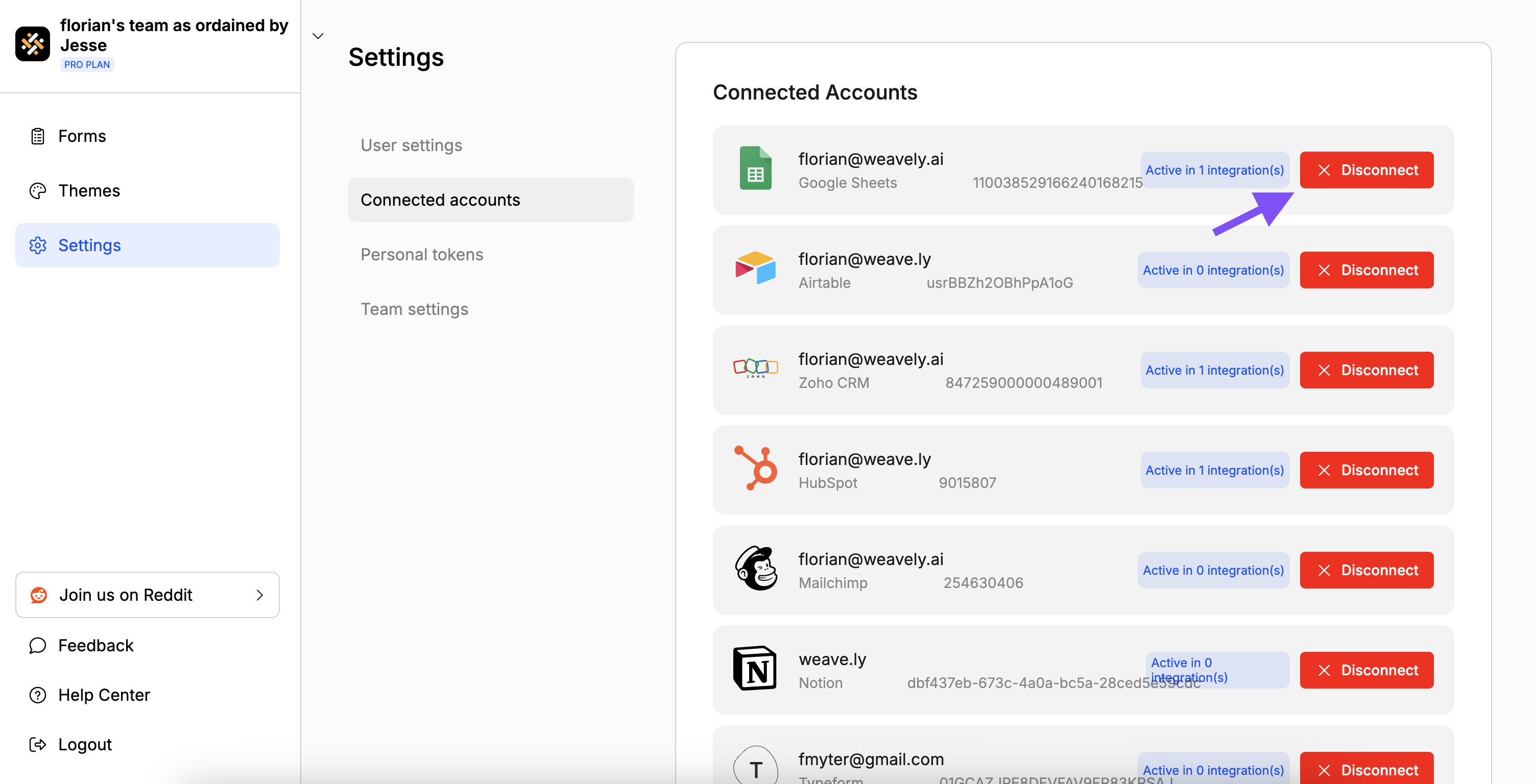Screenshot showing how to disconnect a Google Sheets account in Weavely AI