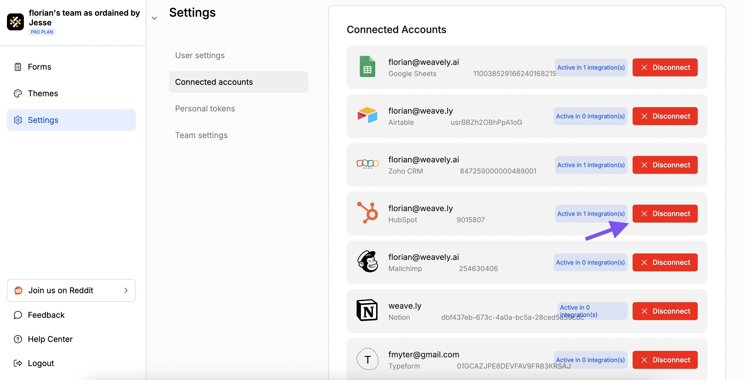 Screenshot showing how to disconnect a HubSpot account in Weavely AI