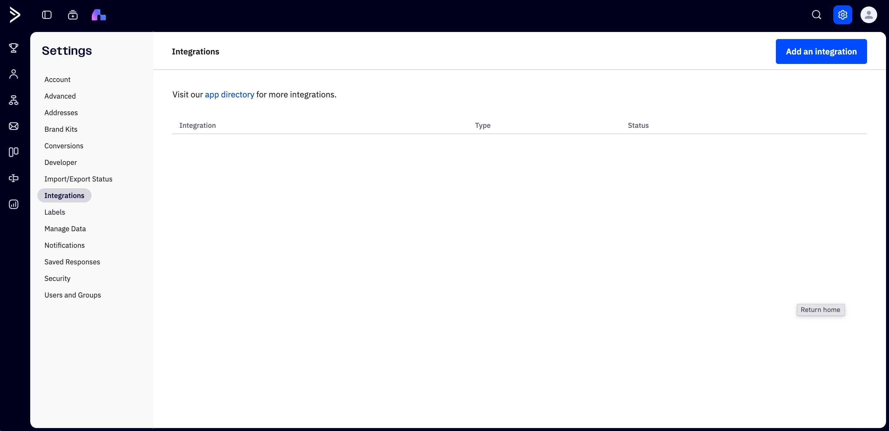Screenshot showing where to find the integrations tab in ActiveCampaign