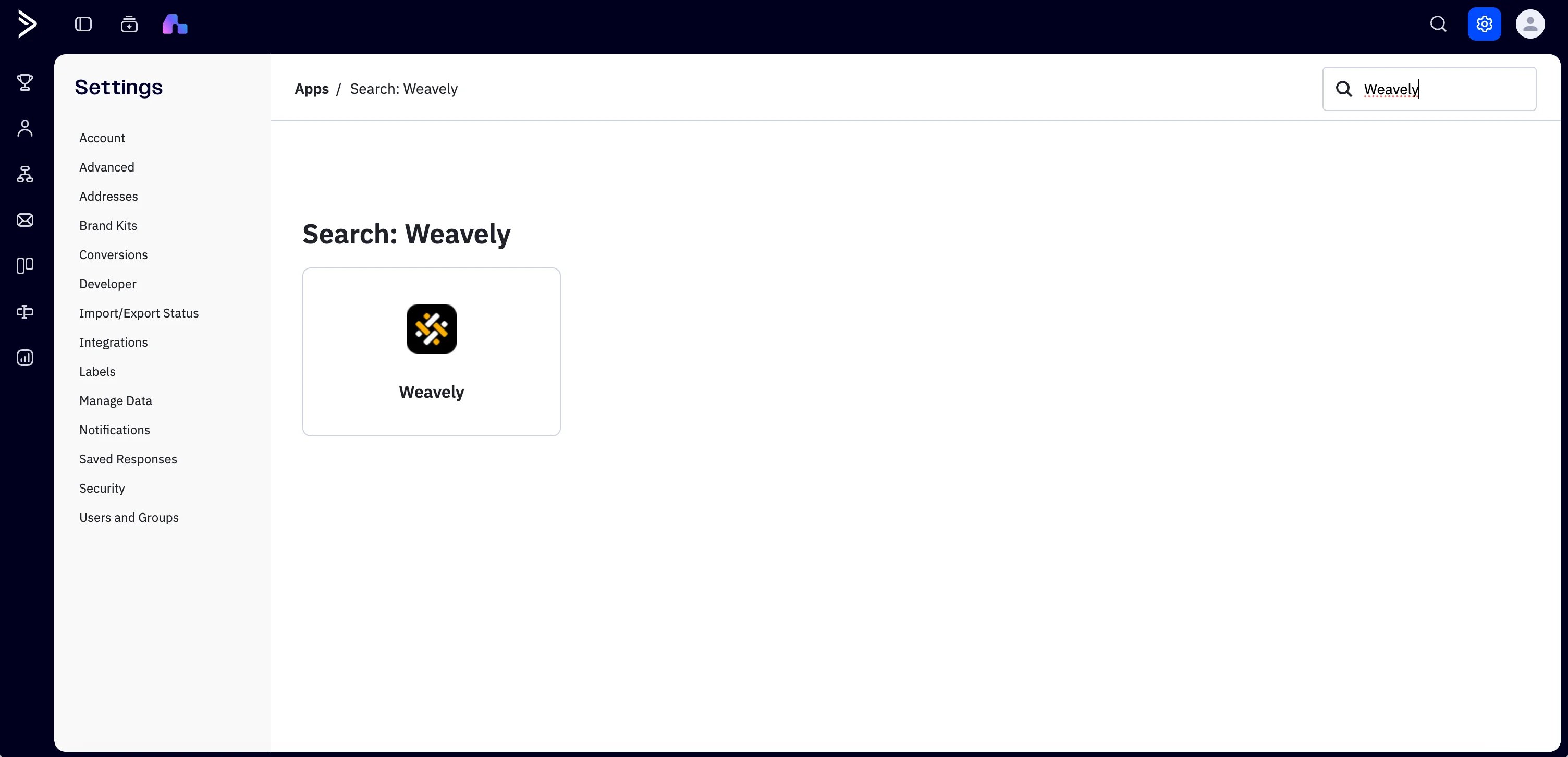 Screenshot showing the Weavely app in ActiveCampaign