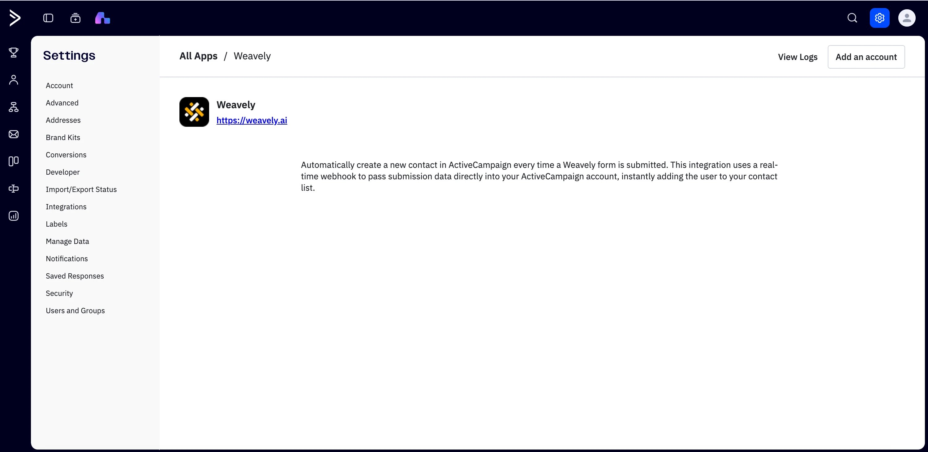 Screenshot showing how to add a Weavely account in ActiveCampaign