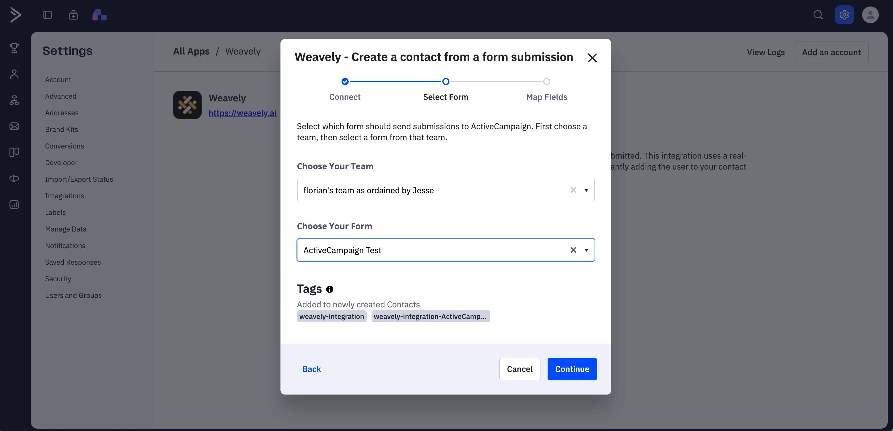 Screenshot showing how to select a team and a from in ActiveCampaign