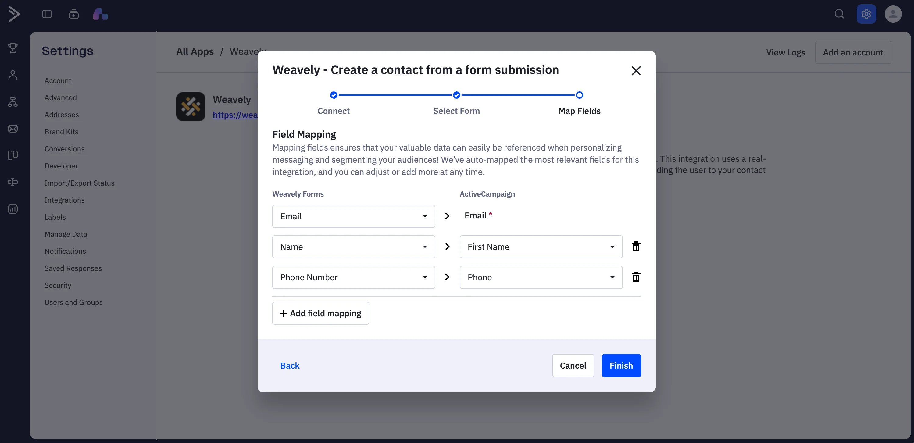 Screenshot showing how to map Weavely form fields to ActiveCampaign contact properties.