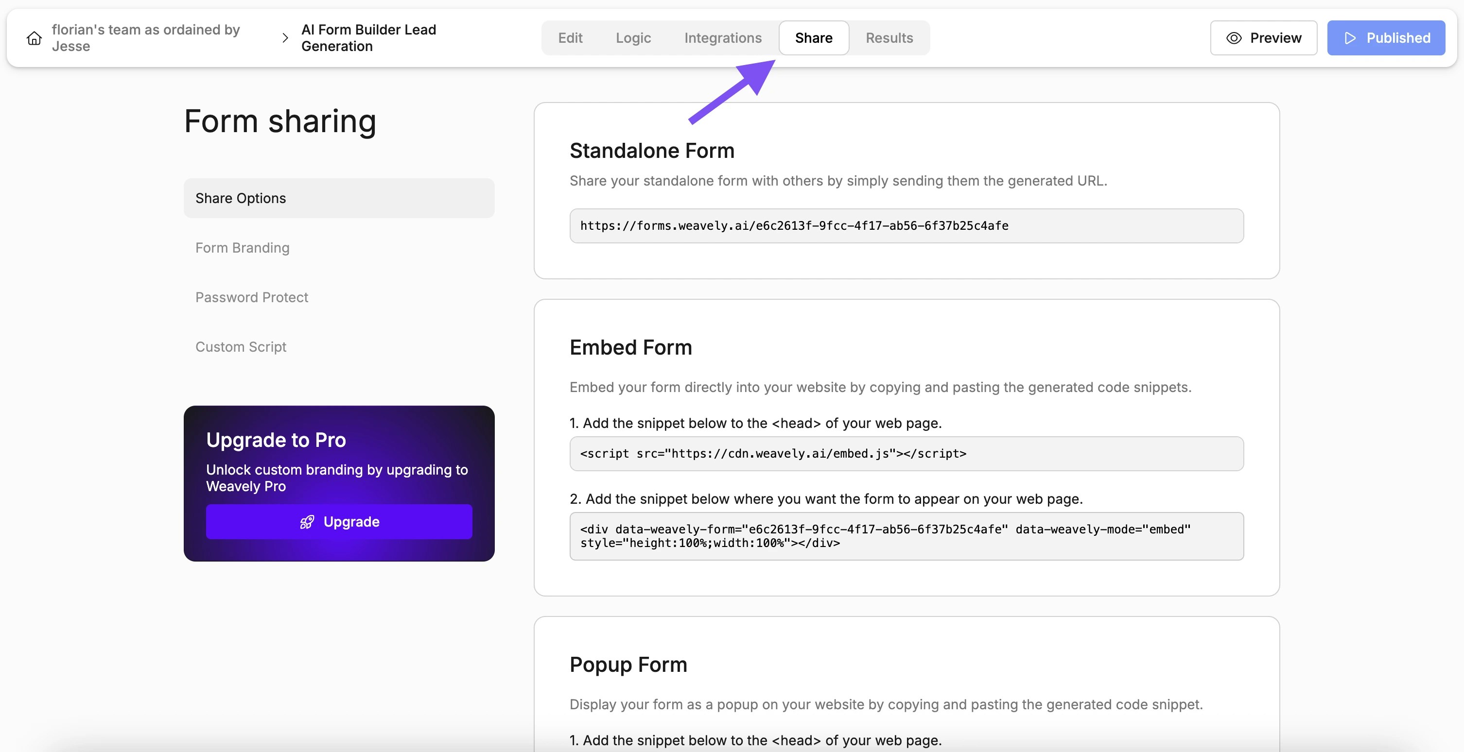 Screenshot showing how to access the sharing options in Weavely AI
