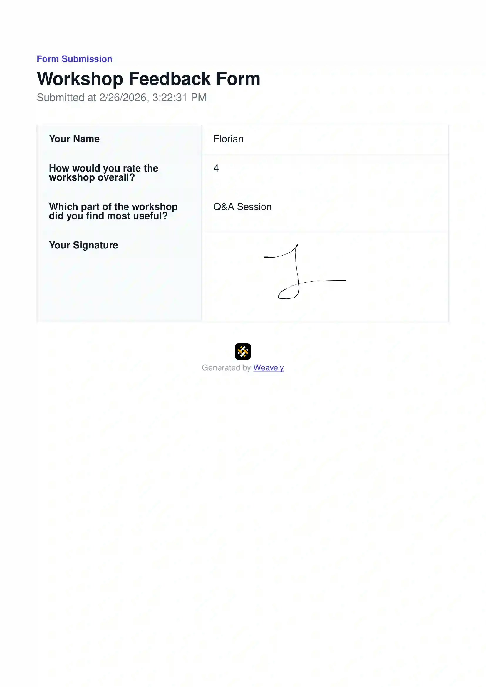 Example PDF generated from a form response in Weavely.