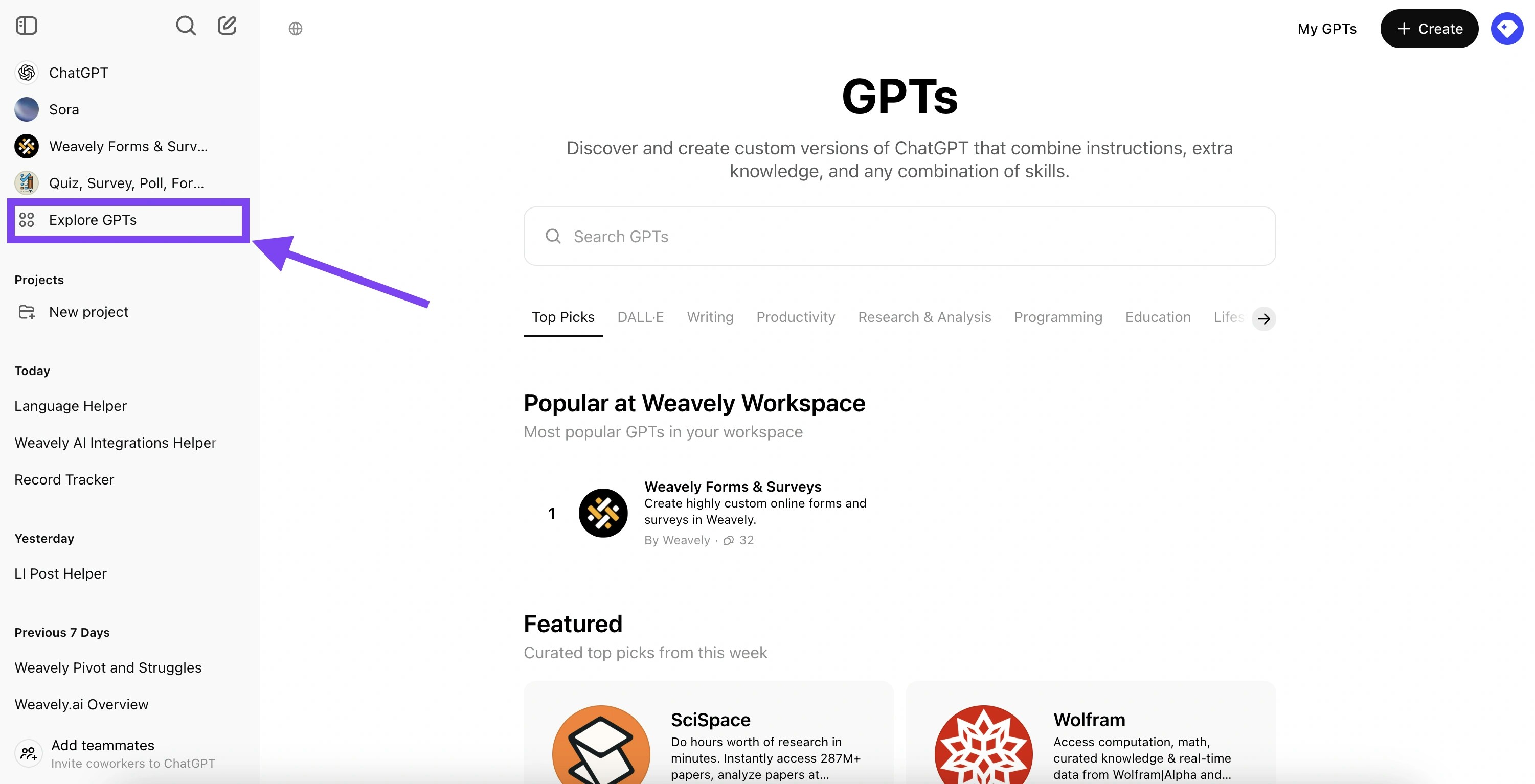 Screenshot showing how to find custom GPTs in ChatGPT