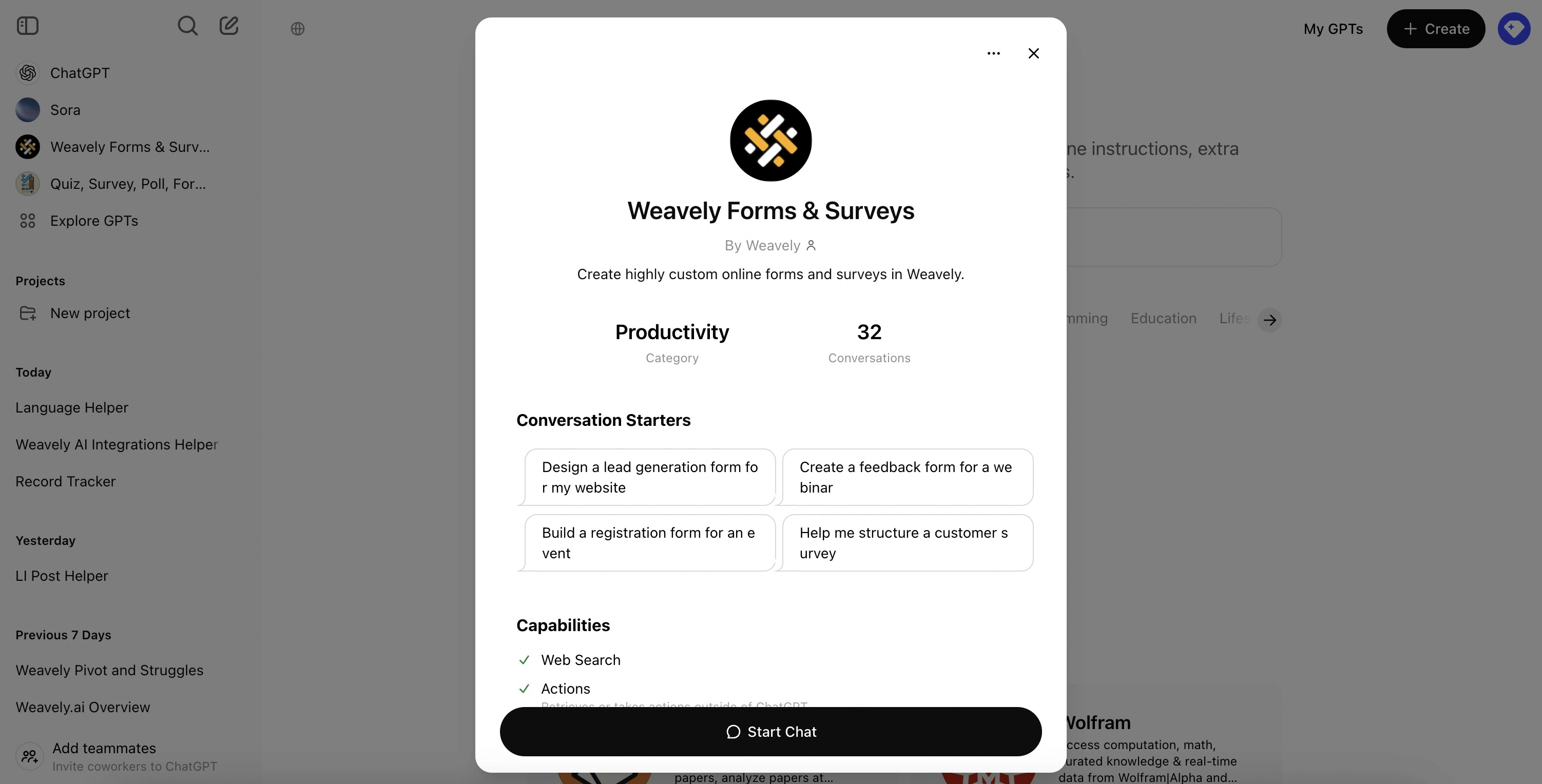 Screenshot showing the page for Weavely AI's custom GPT