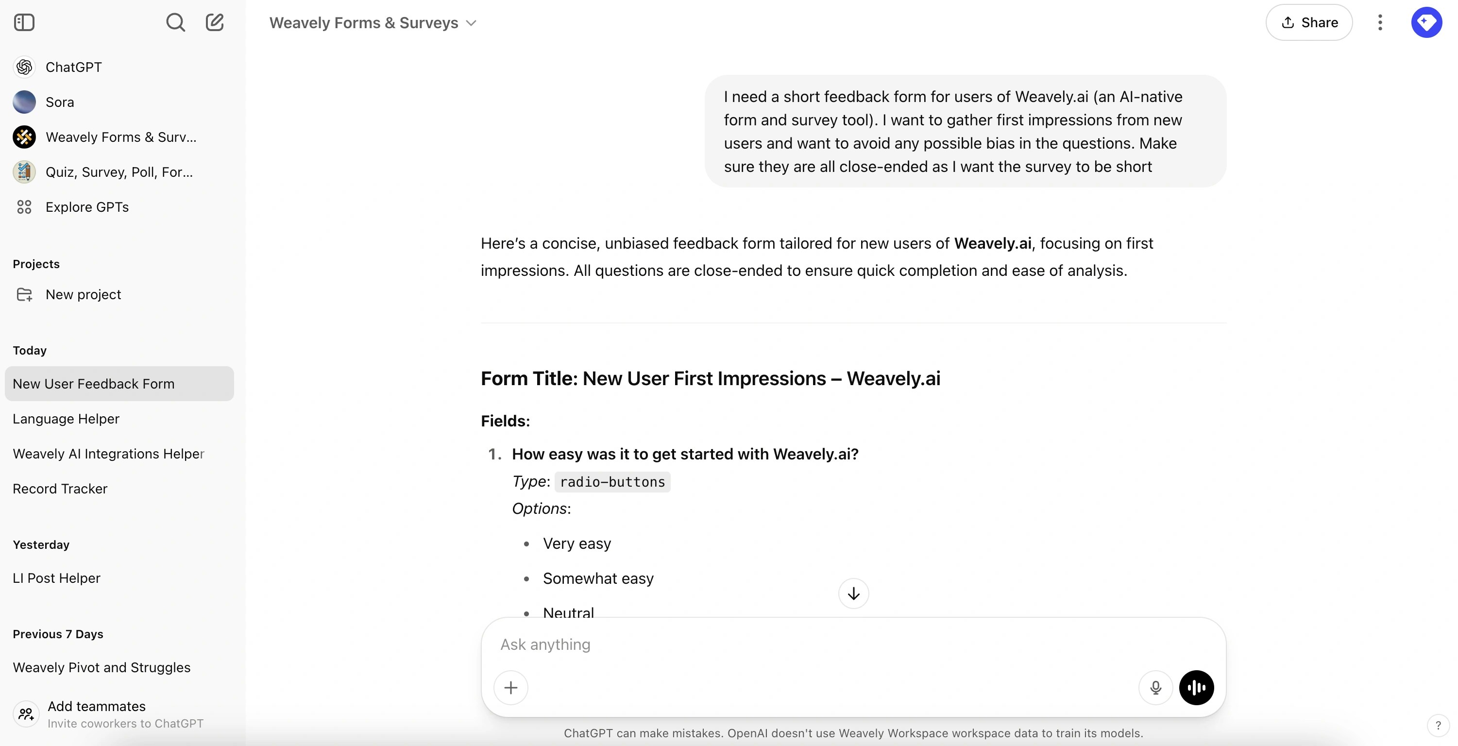 Screenshot showing how to build a form in ChatGPT using Weavely AI's custom GPT