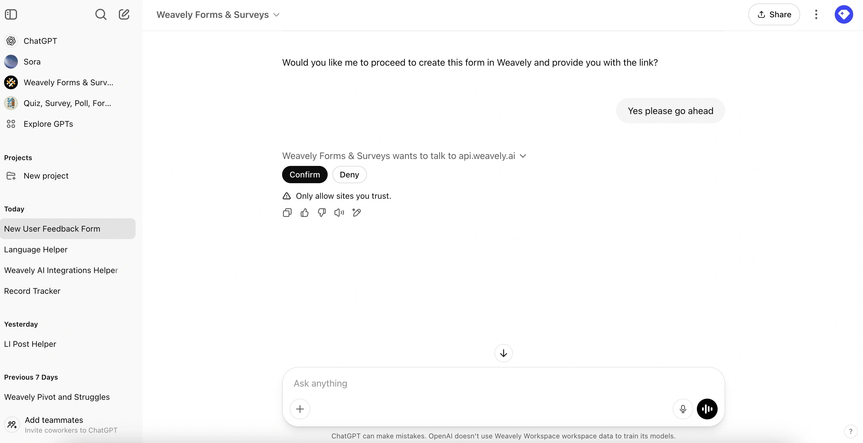 Screenshot showing how to signal ChatGPT you are ready to publish your survey on Weavely AI