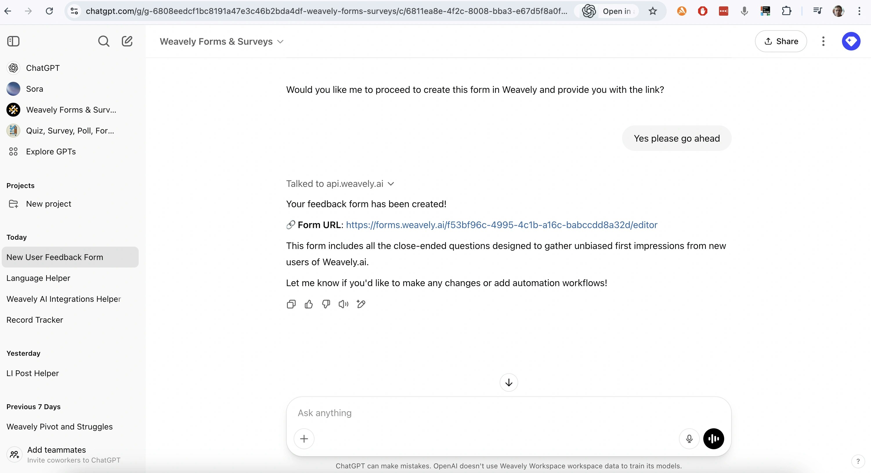 Screenshot showing ChatGPT publishing a form using Weavely AI Custom GPT