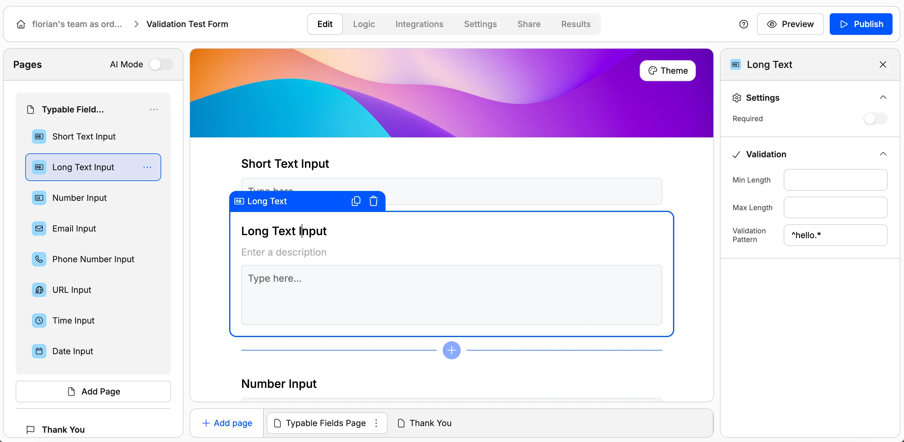 Screenshot showing field validation for text fields in Weavely AI.