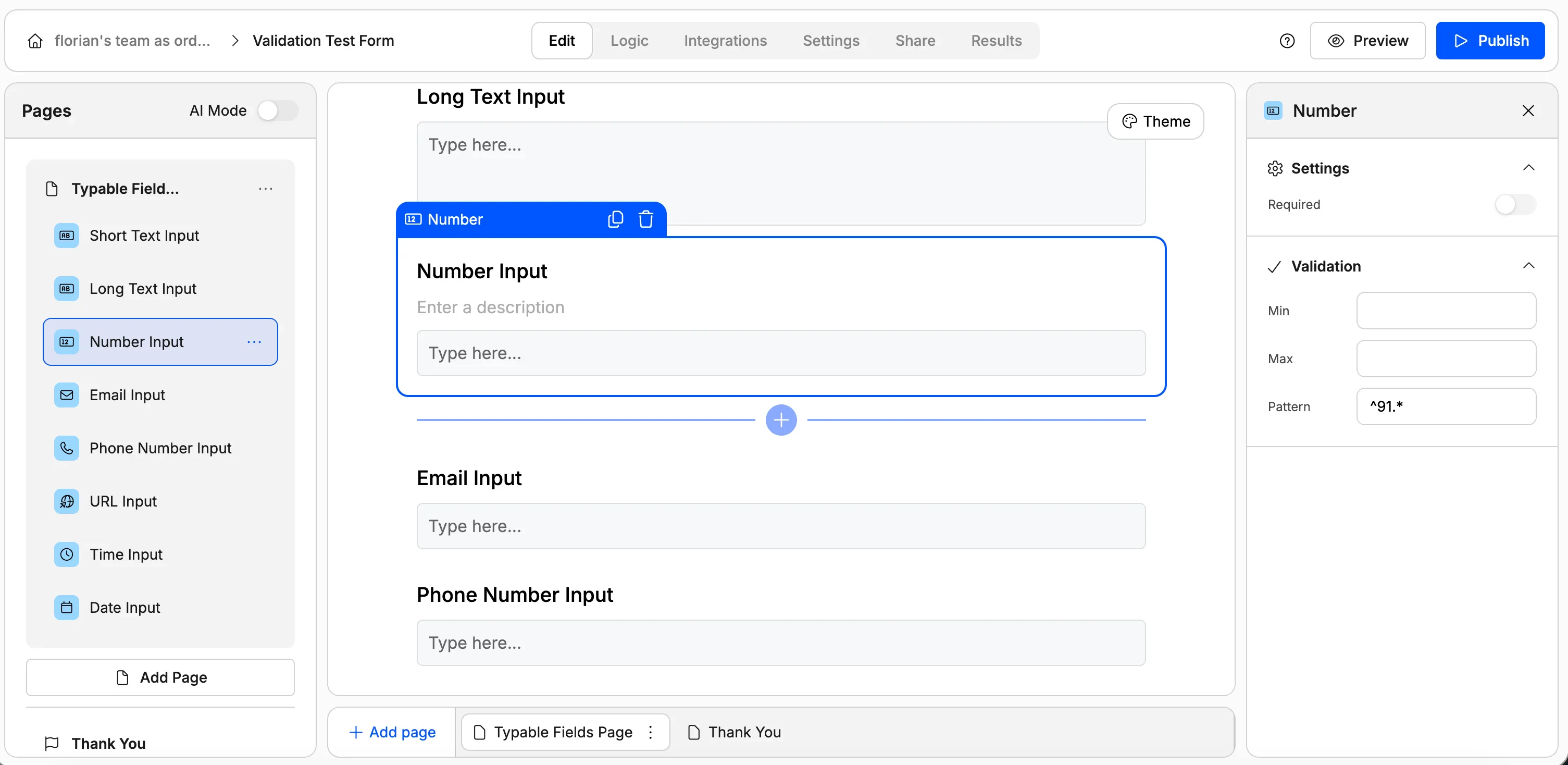 Screenshot showing field validation for numeric values in Weavely AI.
