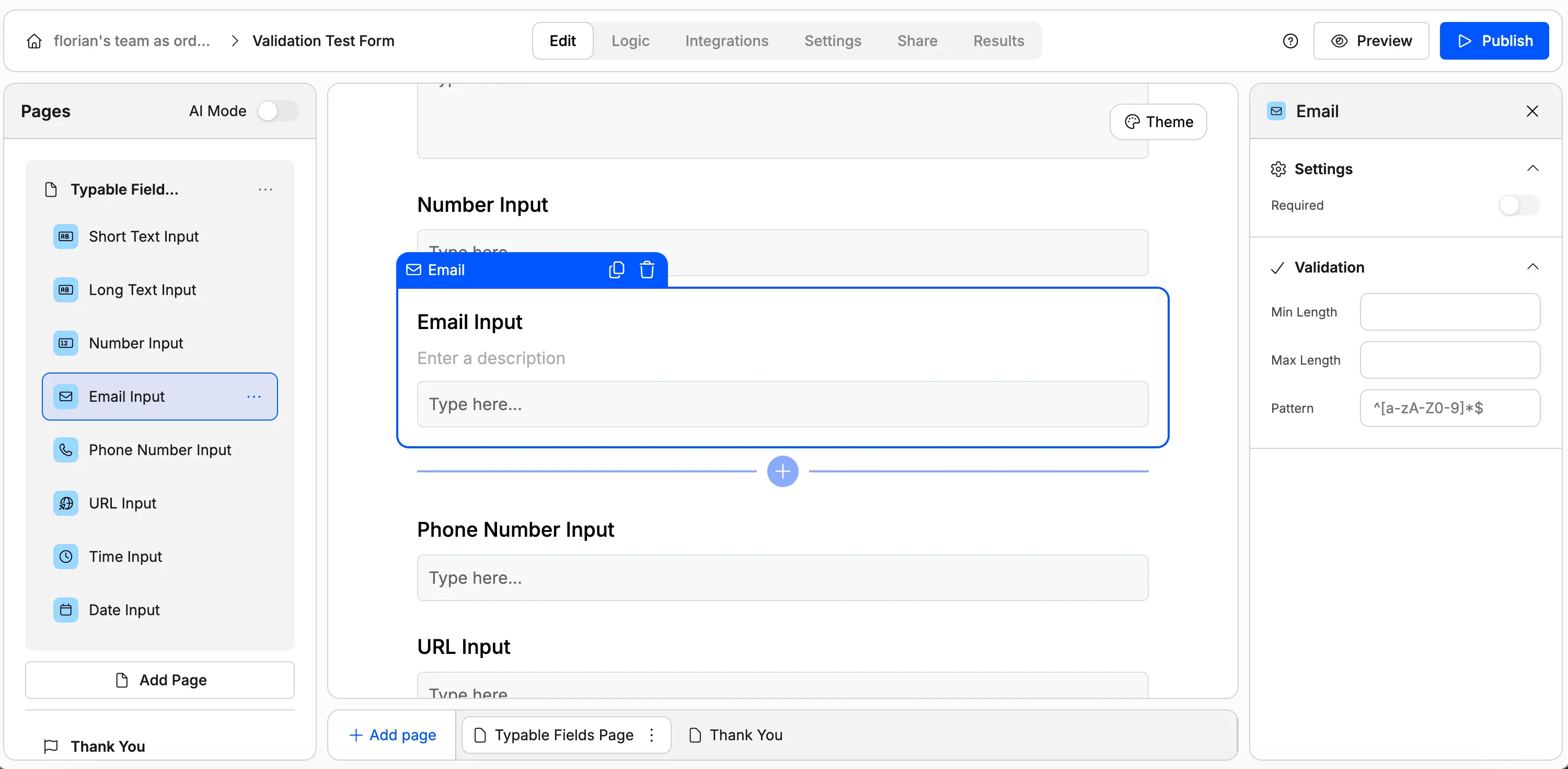 Screenshot showing field validation for email values in Weavely AI.