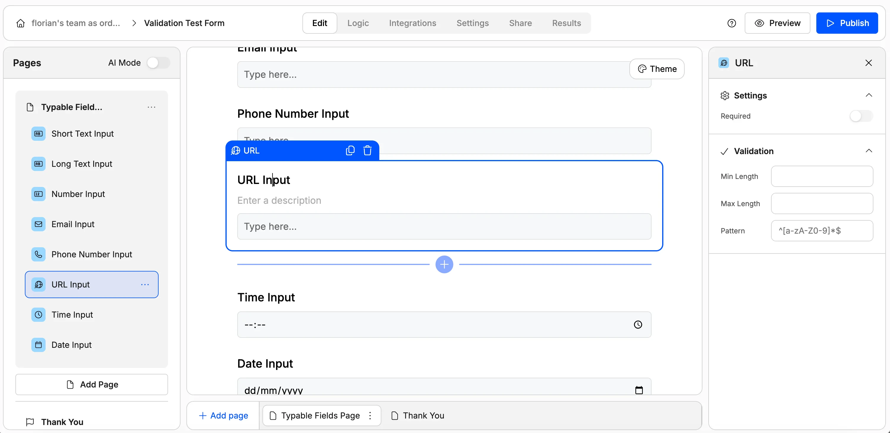 Screenshot showing field validation for URL values in Weavely AI.