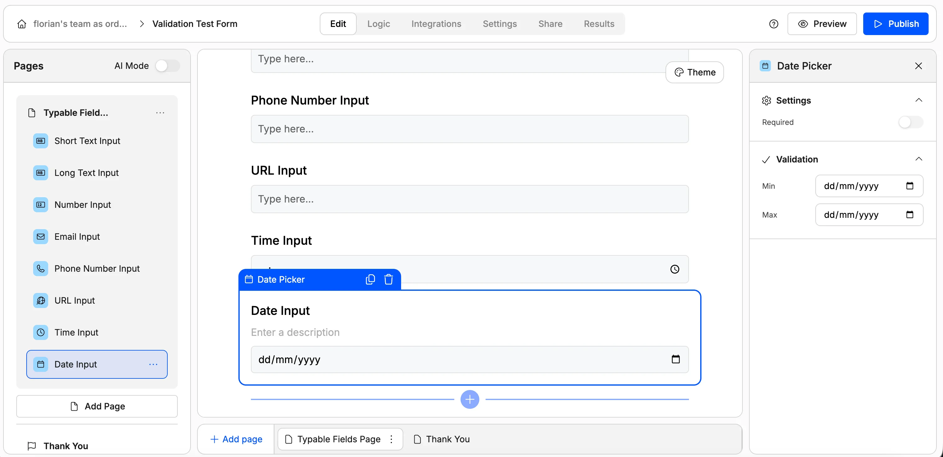 Screenshot showing field validation for date values in Weavely AI.