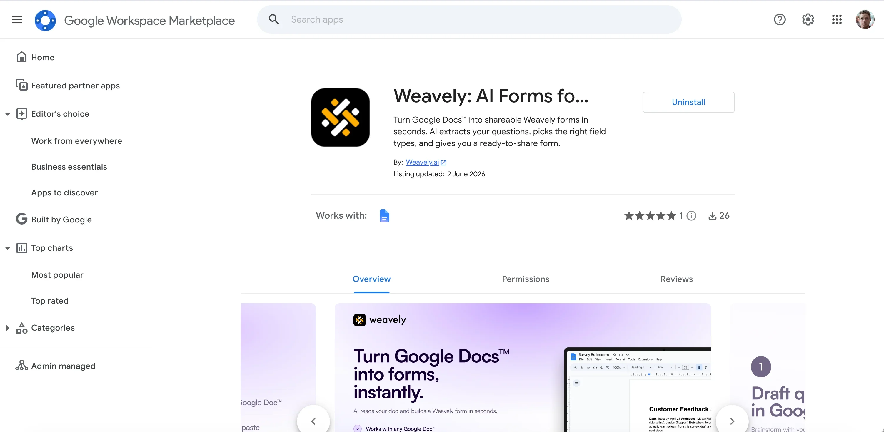Installing the Weavely add-on from the Google Workspace Marketplace