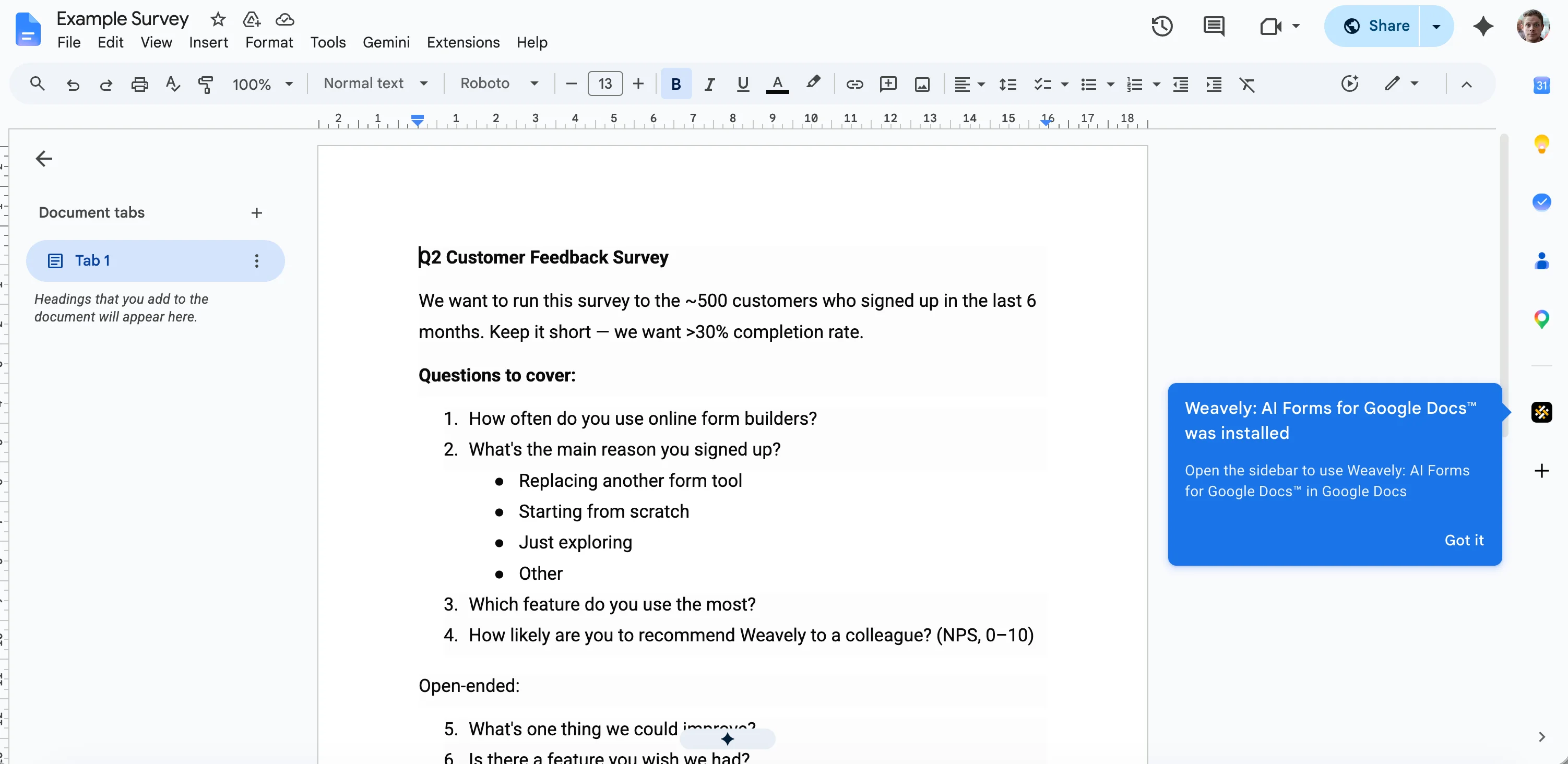 Opening the Weavely panel from the Google Docs sidebar