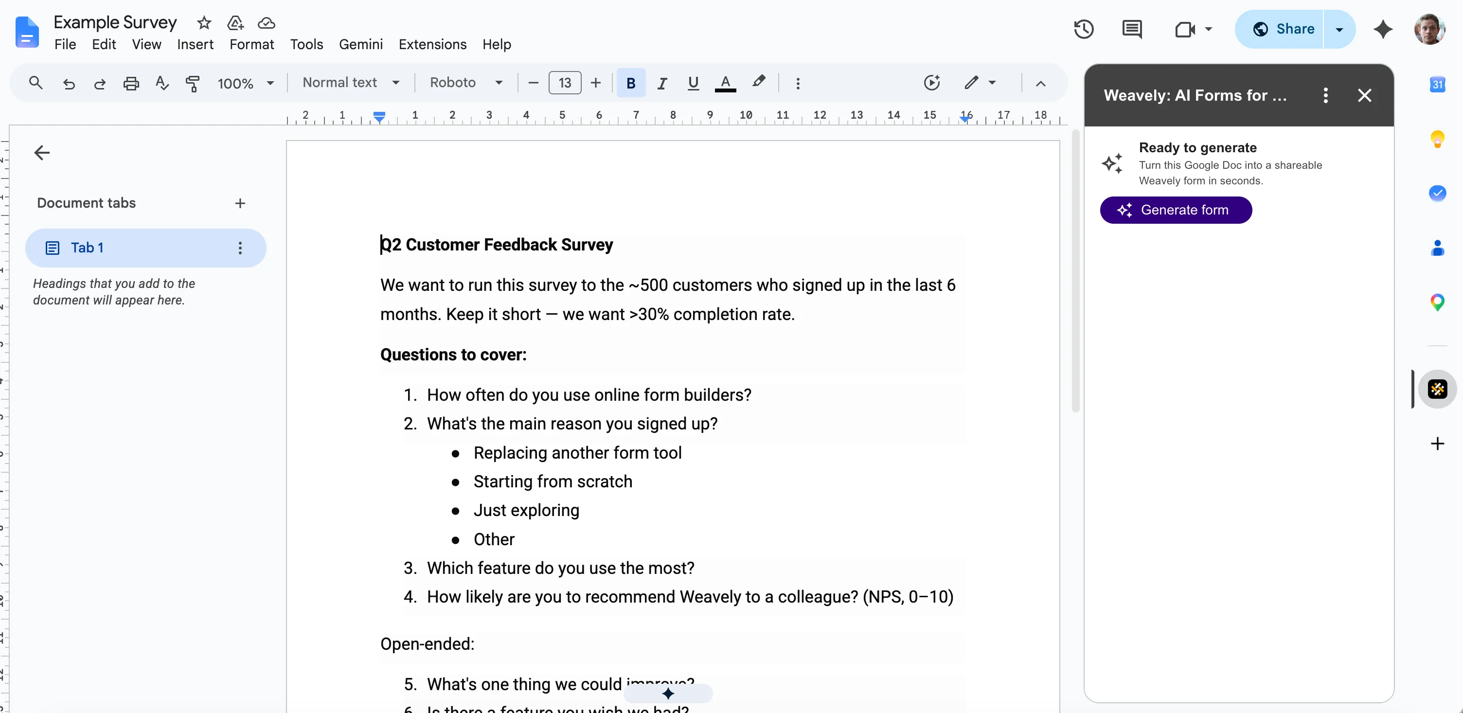Generating a form from a Google Doc using the Weavely add-on.