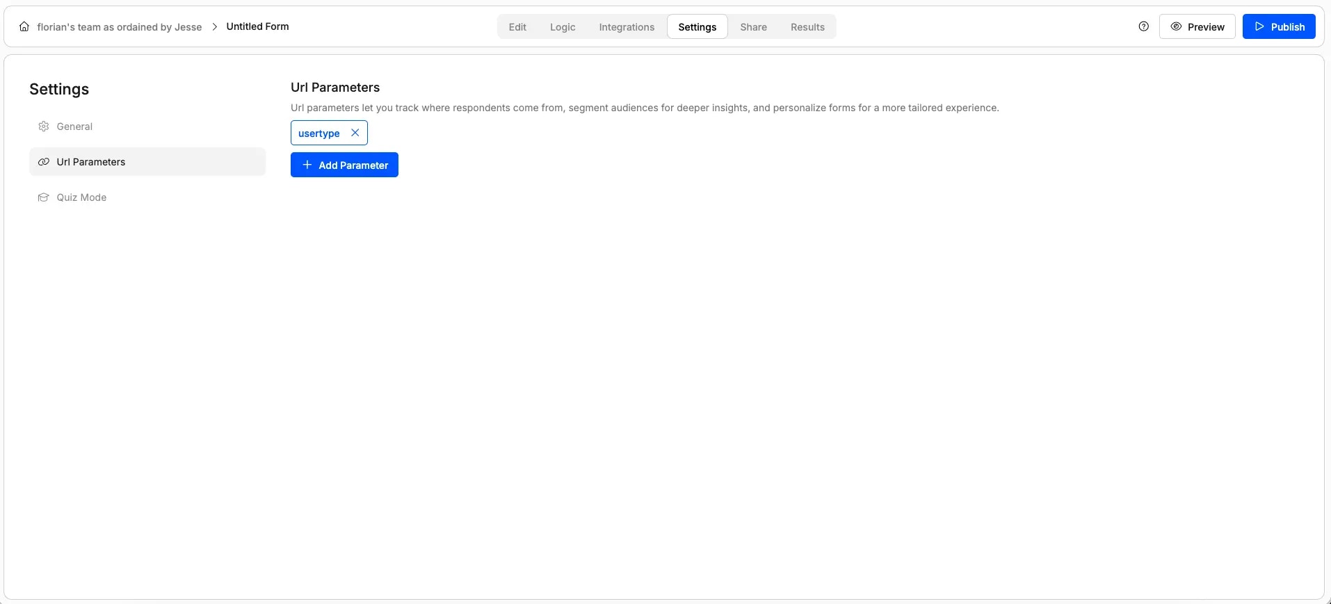 Screenshot showing how to add a form URL parameter in Weavely AI