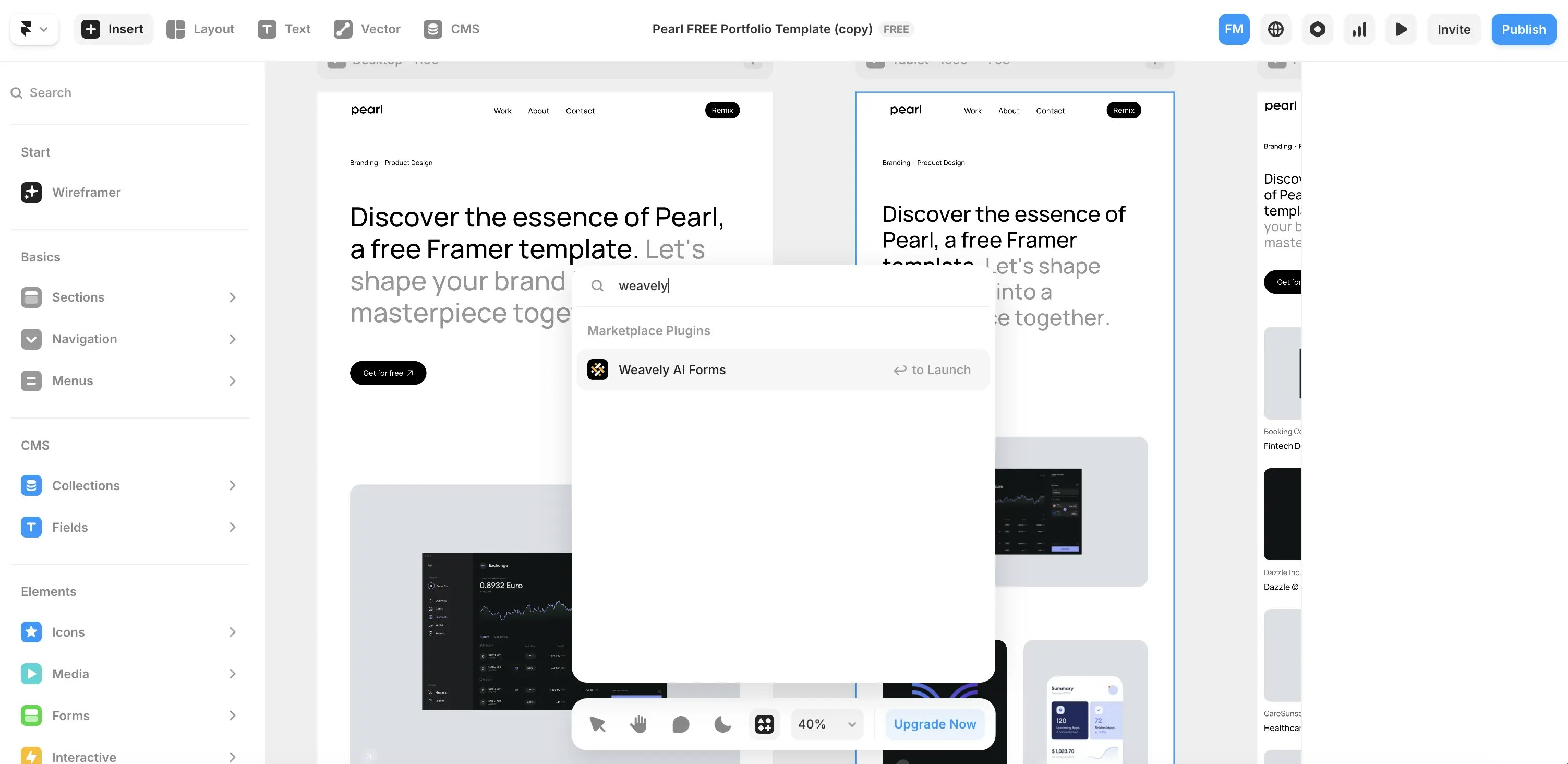 Screenshot showing how to find the Weavely AI Forms plugin in Framer