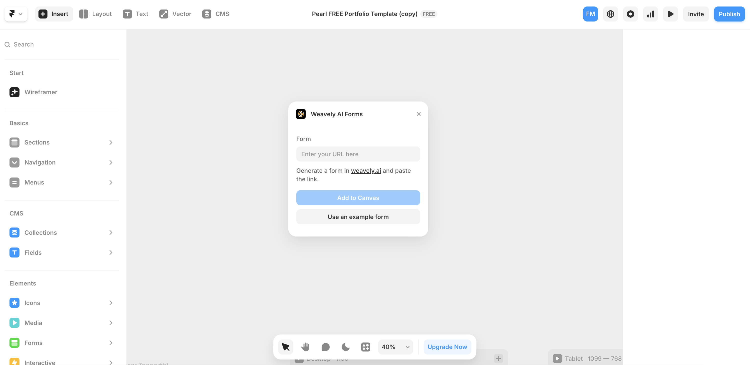 Screenshot showing the Weavely AI Forms plugin in Framer
