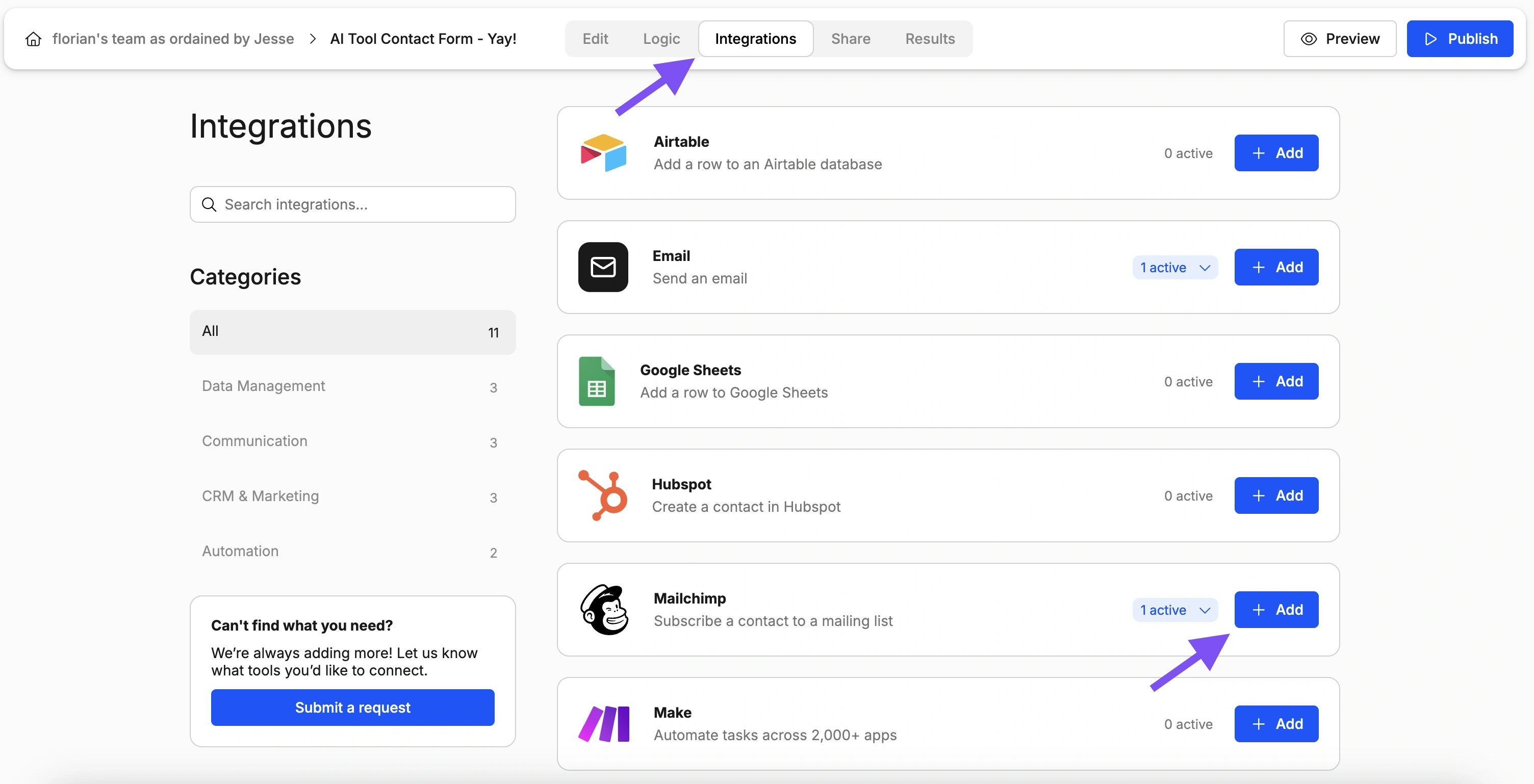 Screenshot showing where to find the Mailchimp integration in Weavely AI