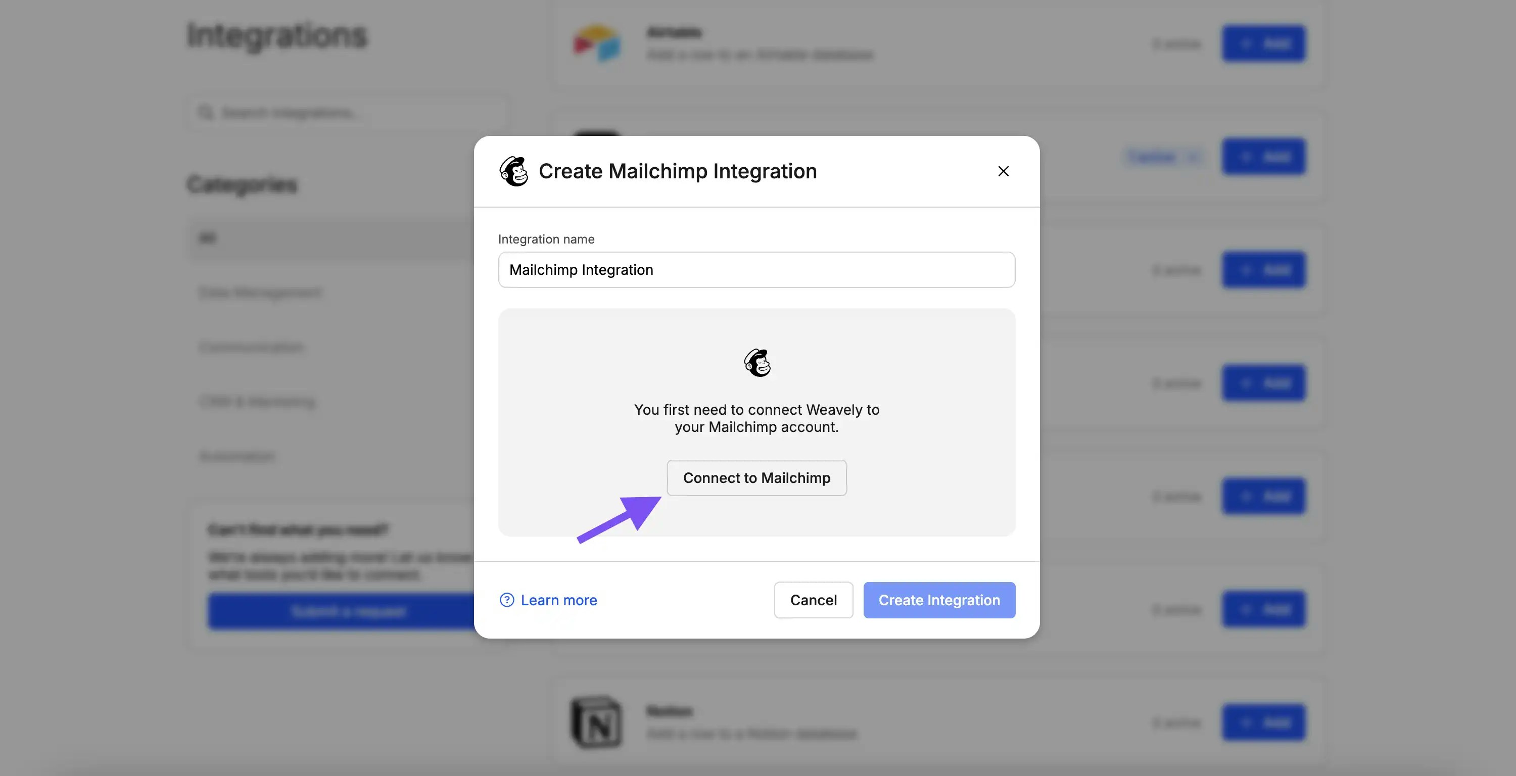 Screenshot showing how to connect Mailchimp to Weavely AI