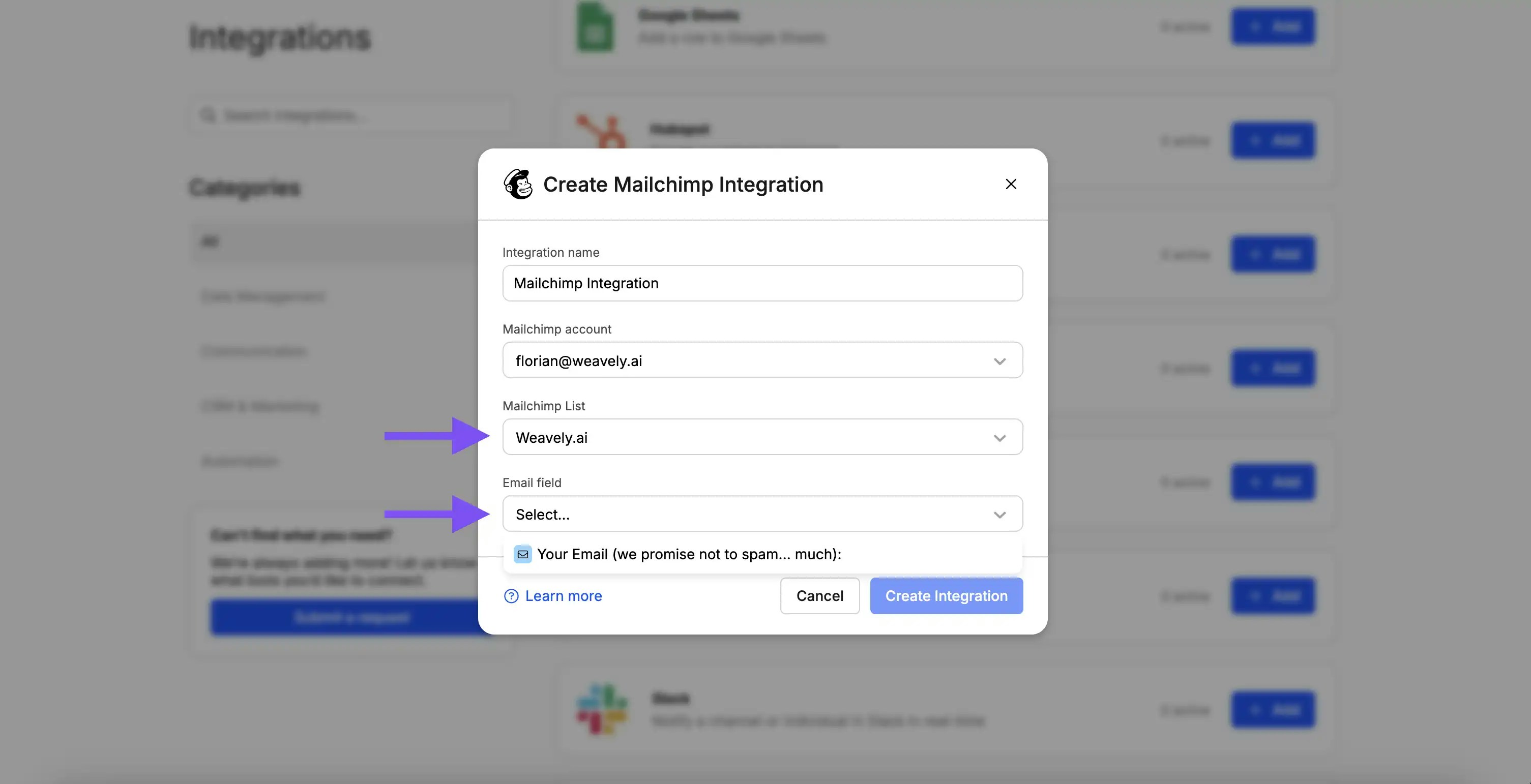 Screenshot showing how to configure the Mailchimp integration in Weavely AI
