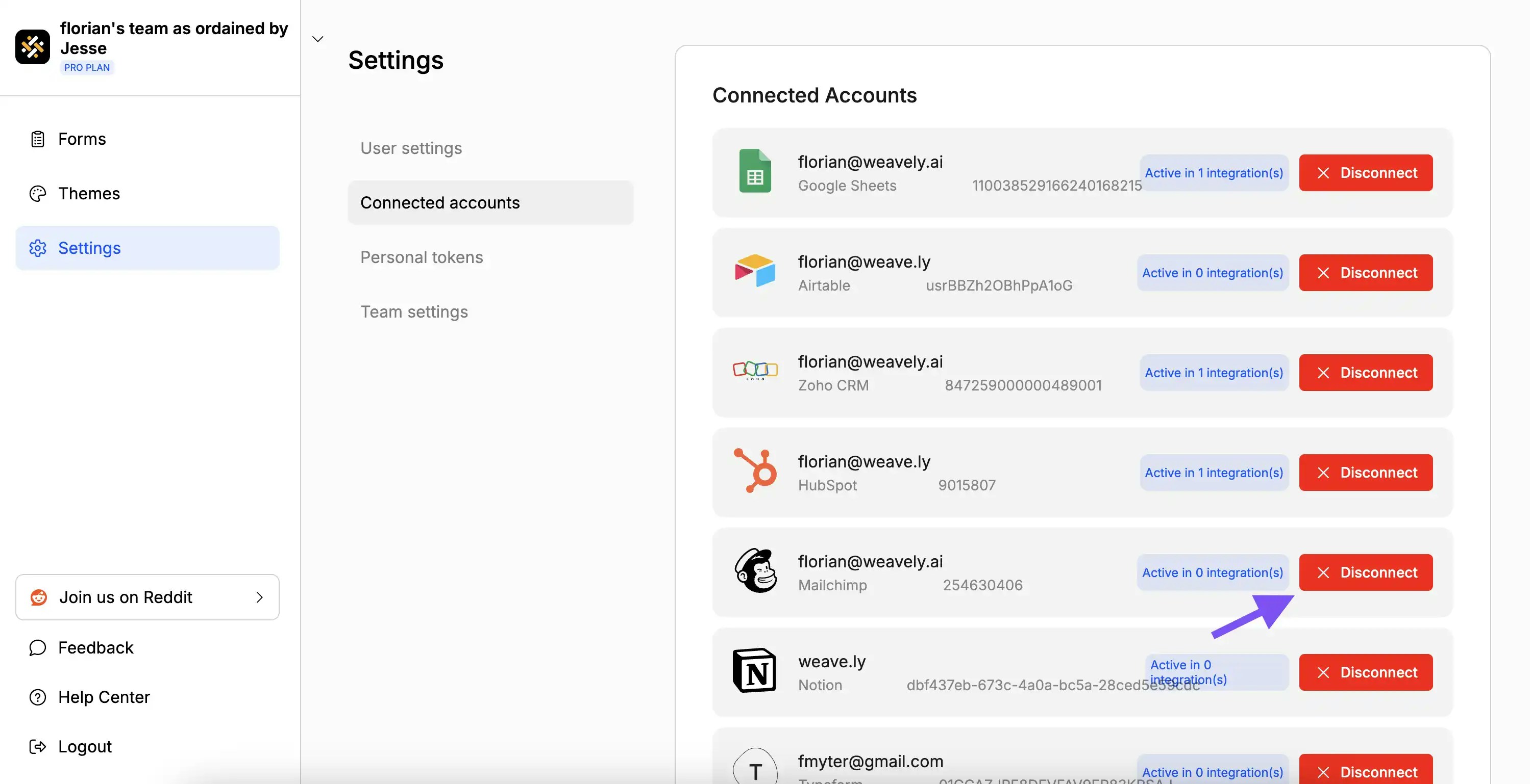 Screenshot showing how to disconnect Mailchimp from Weavely AI