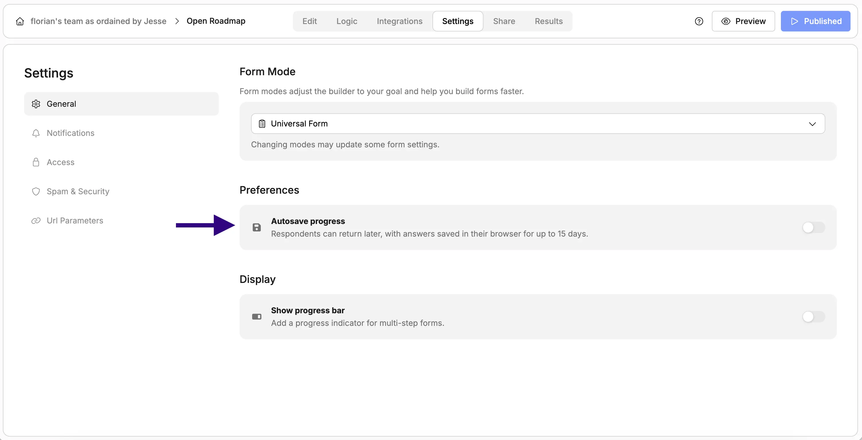 Screenshot showing the "Autosave progress" toggle in Weavely AI