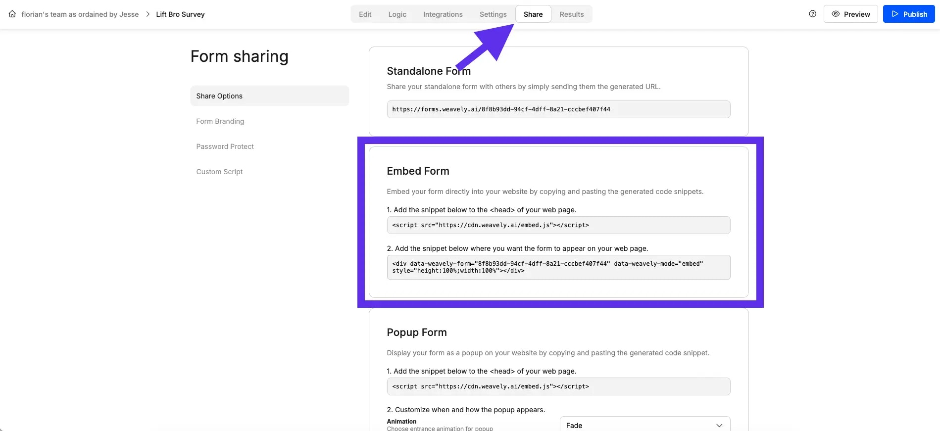 Screenshot showing how to embed a Weavely AI form in a website