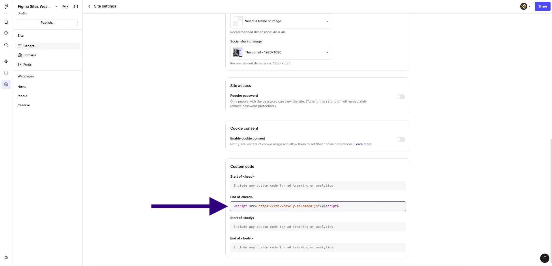 Screenshot showing how to add a form embed code to the head of a Figma Site
