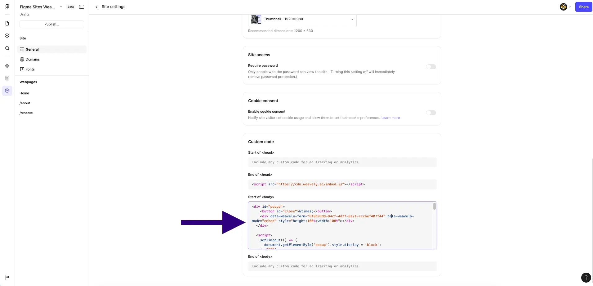Screenshot showing how to add a form embed code to the body of a Figma Site