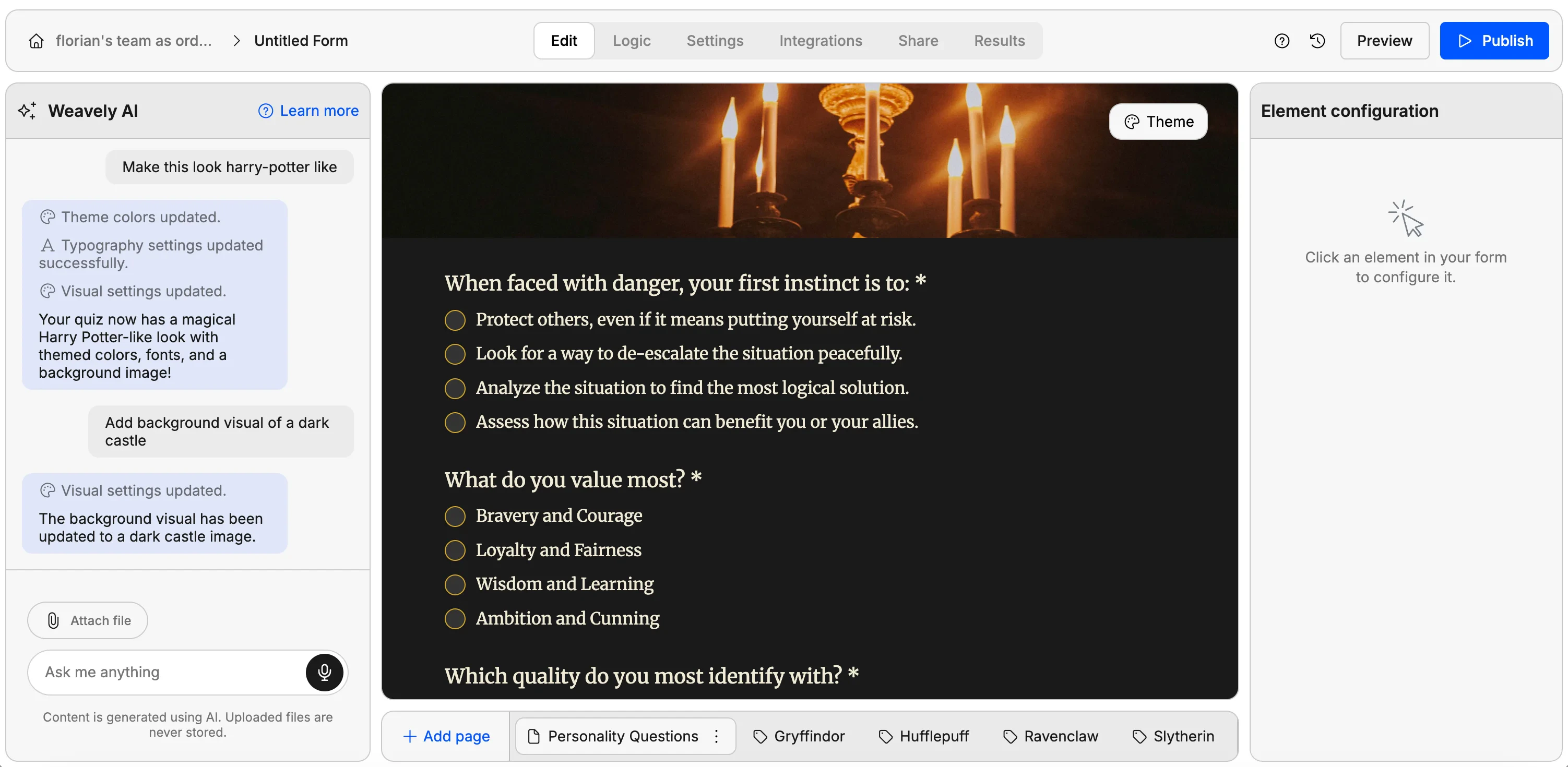 Generated match quiz questions and outcomes in Weavely AI