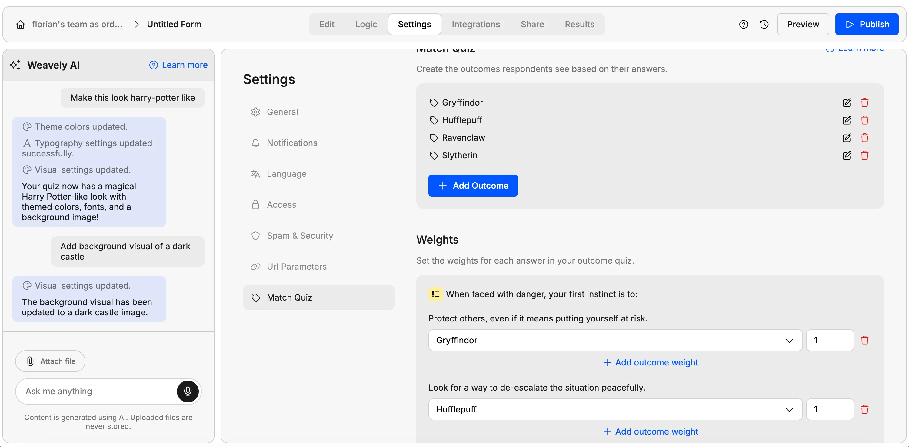 Match quiz weighting settings in Weavely AI