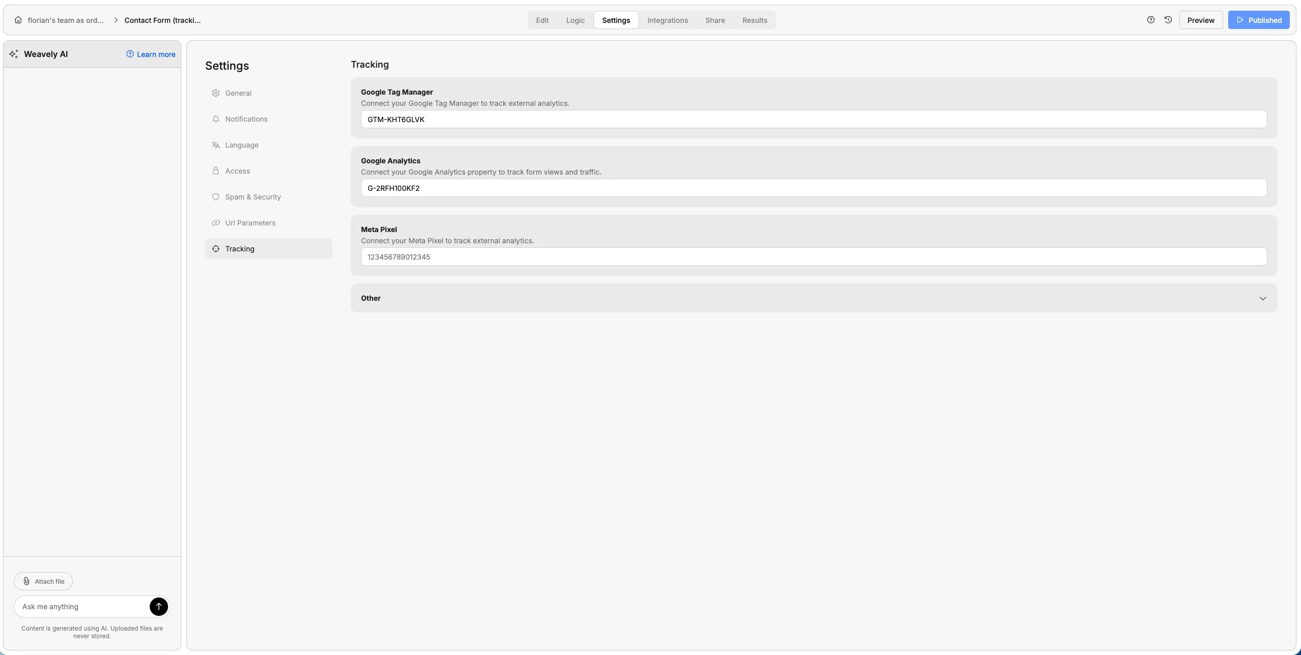 Screenshot showing where to add a Google Analytics measurement ID to track form analytics in Weavely AI.