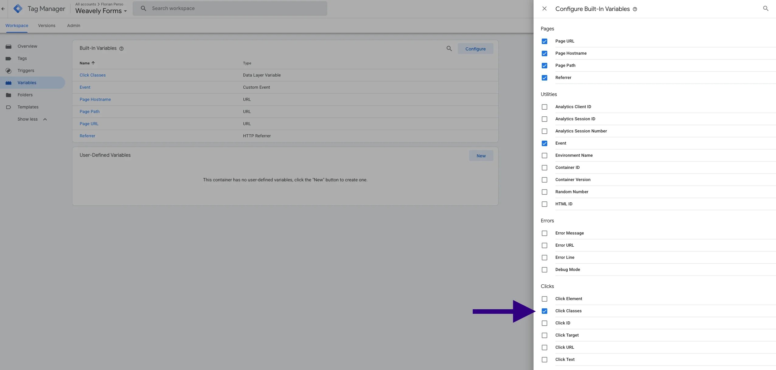 Screenshot 2026 07 06 At 17 36 06 Screenshot showing how to enable Click Classes in Google Tag Manager.