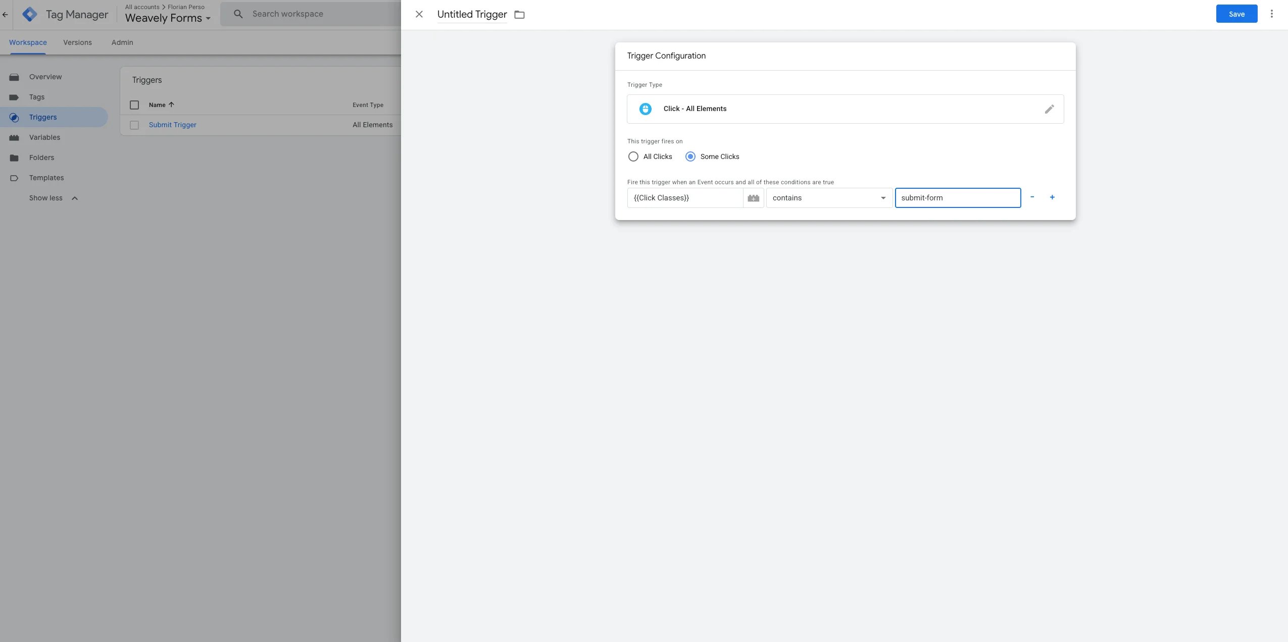 Screenshot showing how to add a GTM trigger event for Weavely AI forms.