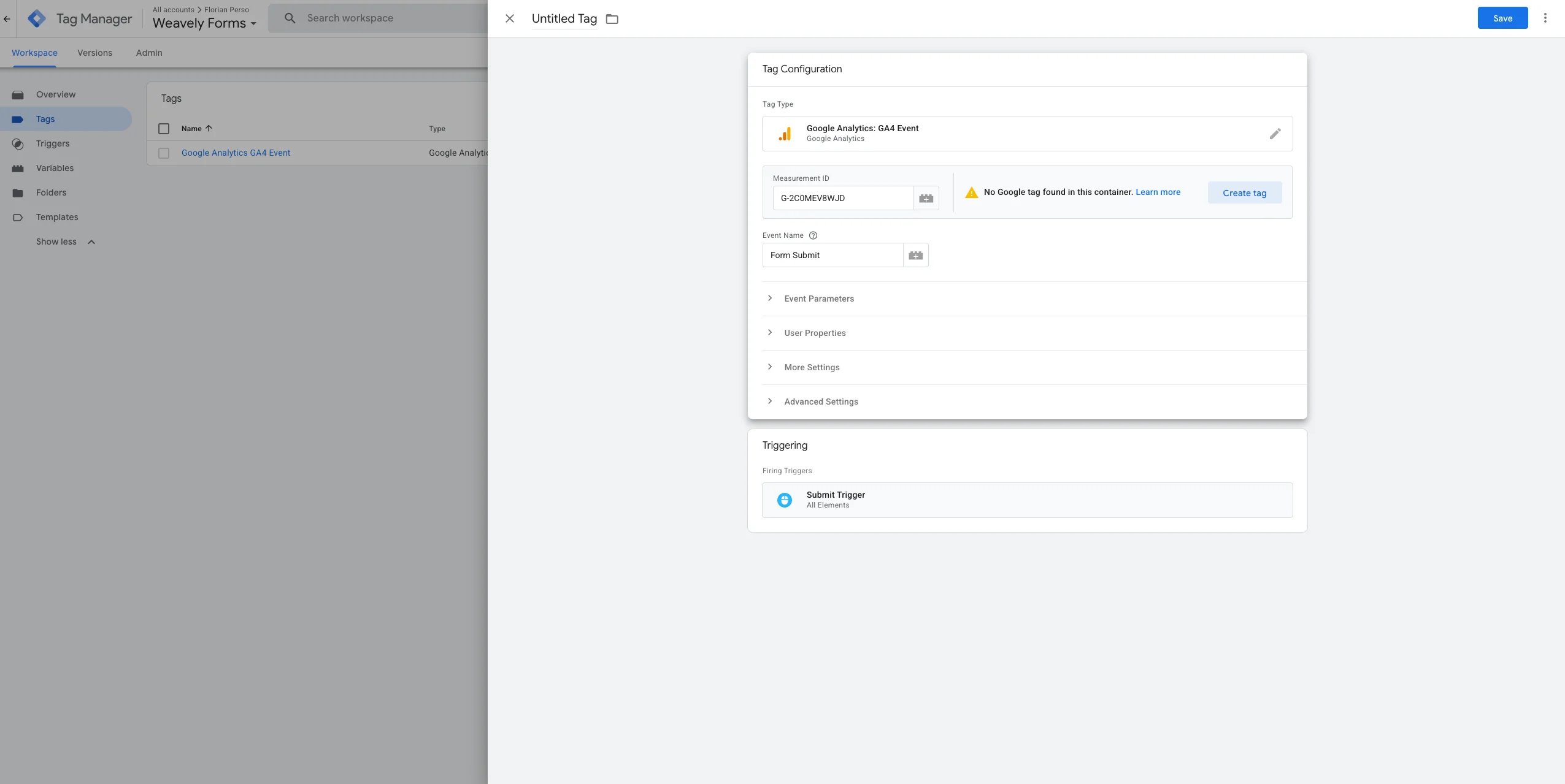 Screenshot showing how to create a GTM tag for Weavely AI forms.